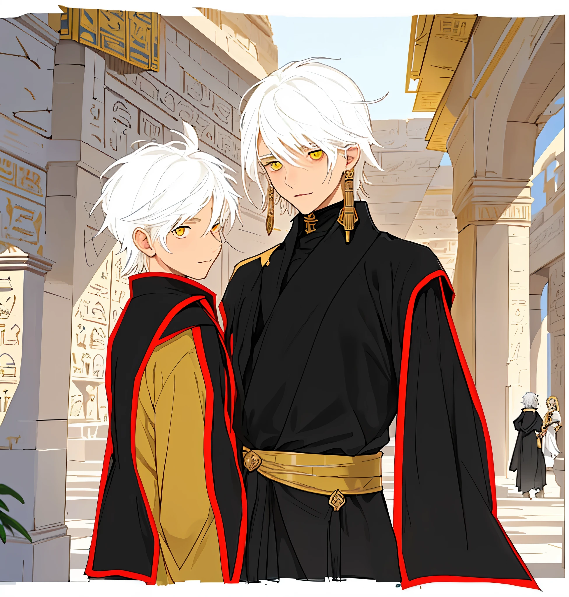 There are two young men, one and the other 16 years oldwhite hair and yellow eyes, they are dressed in ancient Egyptian costumes, they are talking about a secret plan., en el fondo se ve palacios y edificios del antiguo egipto una hermos ciudad de fantasia