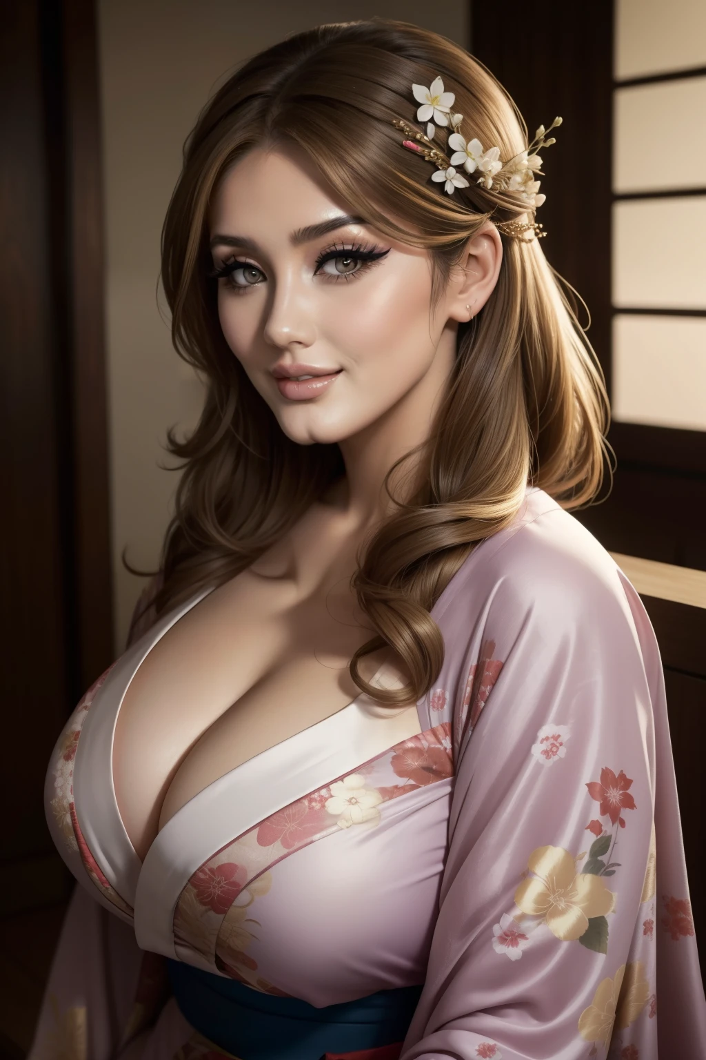 Lucy Pinder, face portrait, portrait, smiling, (Adele),((VERY INTENSE MAKEUP)), voluptuous, neckline, Yukata, ((Asian woman))