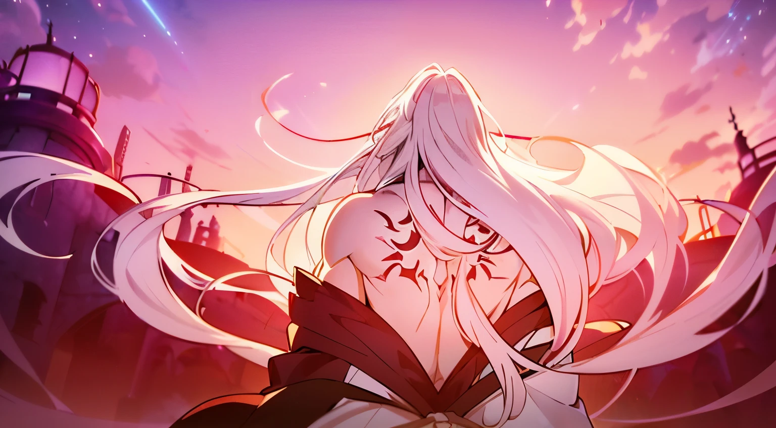 Anime - stylistic image of a man with long white hair and four eyes on his face, A man with white long hair stands half-turned and looks at the camera, ((Masterpiece)), ((Best quality, A high resolution, ultra detailed), Bright colors, ((((1 man)))), male character, adult, tall muscular guy, broad shoulders, A strong character, fantasy, dnd, Human, Red eyes, albino, ((4 eyes)), 2 pairs of eyes, Человек-albino, Pure white long hair, white long hair (hair over one eye), (big hair), White hair, Smooth hair, straight hair, Creating an atmospheric atmosphere, pale skin, Gloomy, Gloomy design, Has red smoke and aura, creepy, creepy, nightmarish, Gloomy, (Light around your head), Additional lighting, against the sky, Beautiful and harmonious scene, Exquisite Animation, rich details (width 672), high quality, 4K clarity, Artistic wallpaper 4K, Stunning anime landscape, Artistic wallpaper 8K, Anime - style of a beautiful sky scene with a star and planet, cosmic sky. Makoto Shinkai, Anime Art Wallpaper 4K, in a white kimono, looks at the viewer, Sly smile, grin, muscular back, Male back, Gray-haired god, White silk clothes, gold pattern
