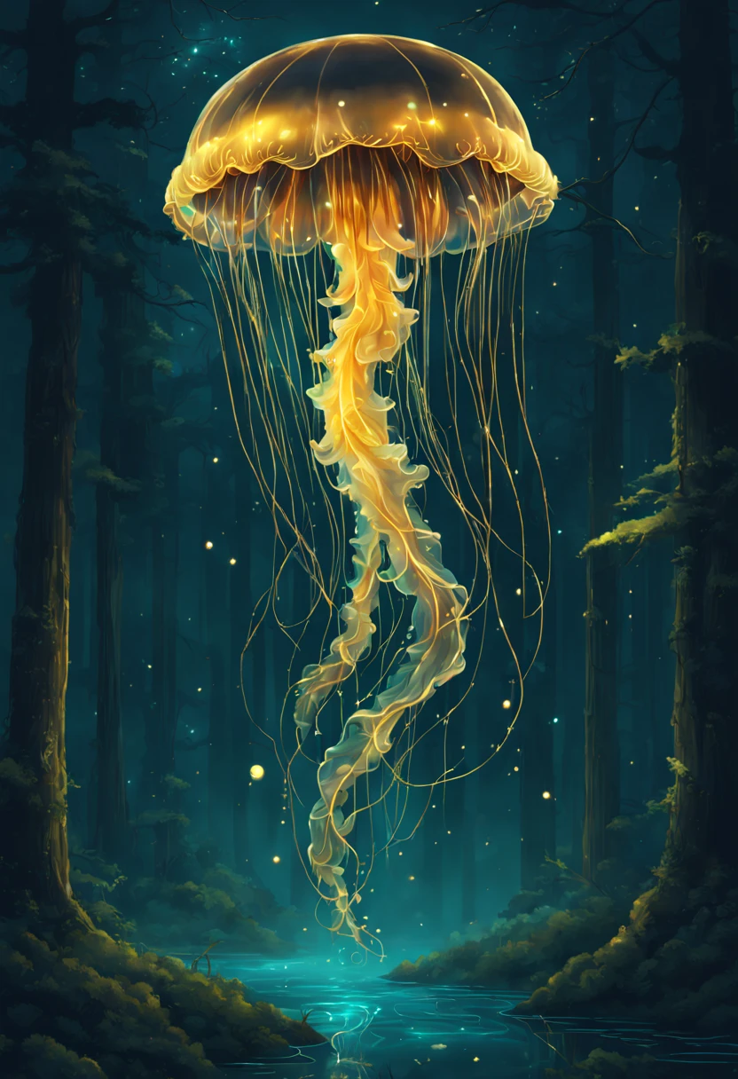 Jellyfish Flying in the Forest. At Dark Night. Bioluminescent. Gildings. Sparkling Eyes. Gold particles. Chaotic lines. Fantasy Madness. Nature Overload. Chaotic Outlines. Other world magic, (Bioluminescence:1.2)
