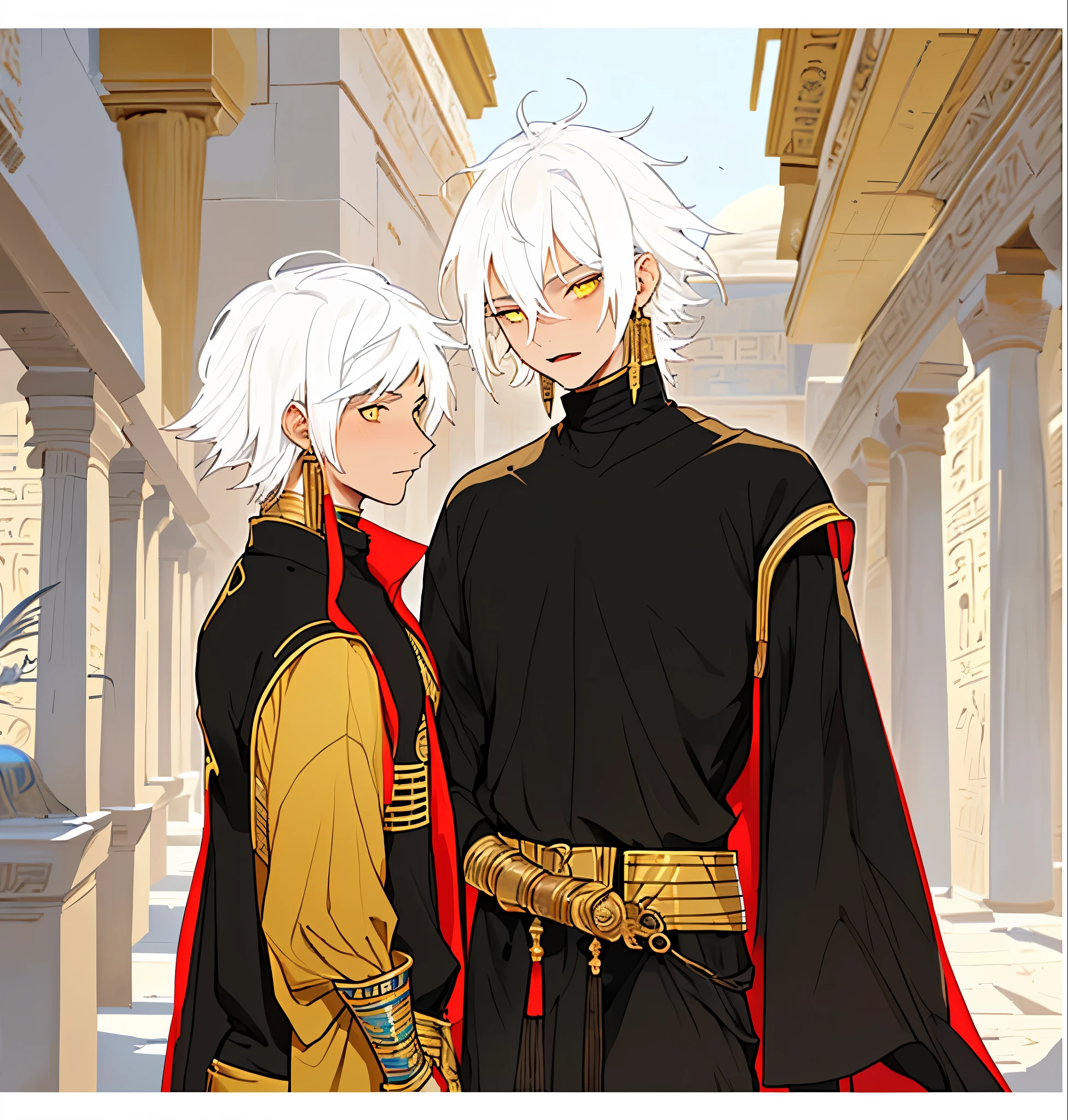 There are two young men, one 12 years old and the other 16 years old, both have white hair and yellow eyes, they are dressed in ancient Egyptian costumes, they are talking about a secret plan., en el fondo se ve  palacios y edificios del antiguo egipto una hermos ciudad de fantasia