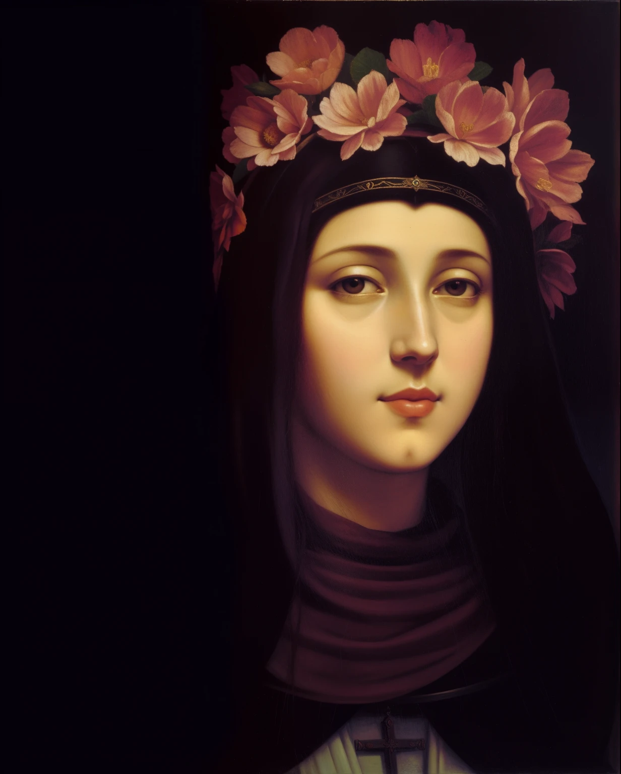 pintura de uma mulher com um cocar florido e uma cruz, maria fortuny, Retrato de Hildegard von Bingen, por Francisco da Holanda, majestic Santa Mulher, senhora de elche, por Francisco de Burgos Mantilla, Santa Mulher, artista desconhecido, retrato da virgem maria, retrato gracioso santo, Anna Kovalevskaya, santo ortodoxo