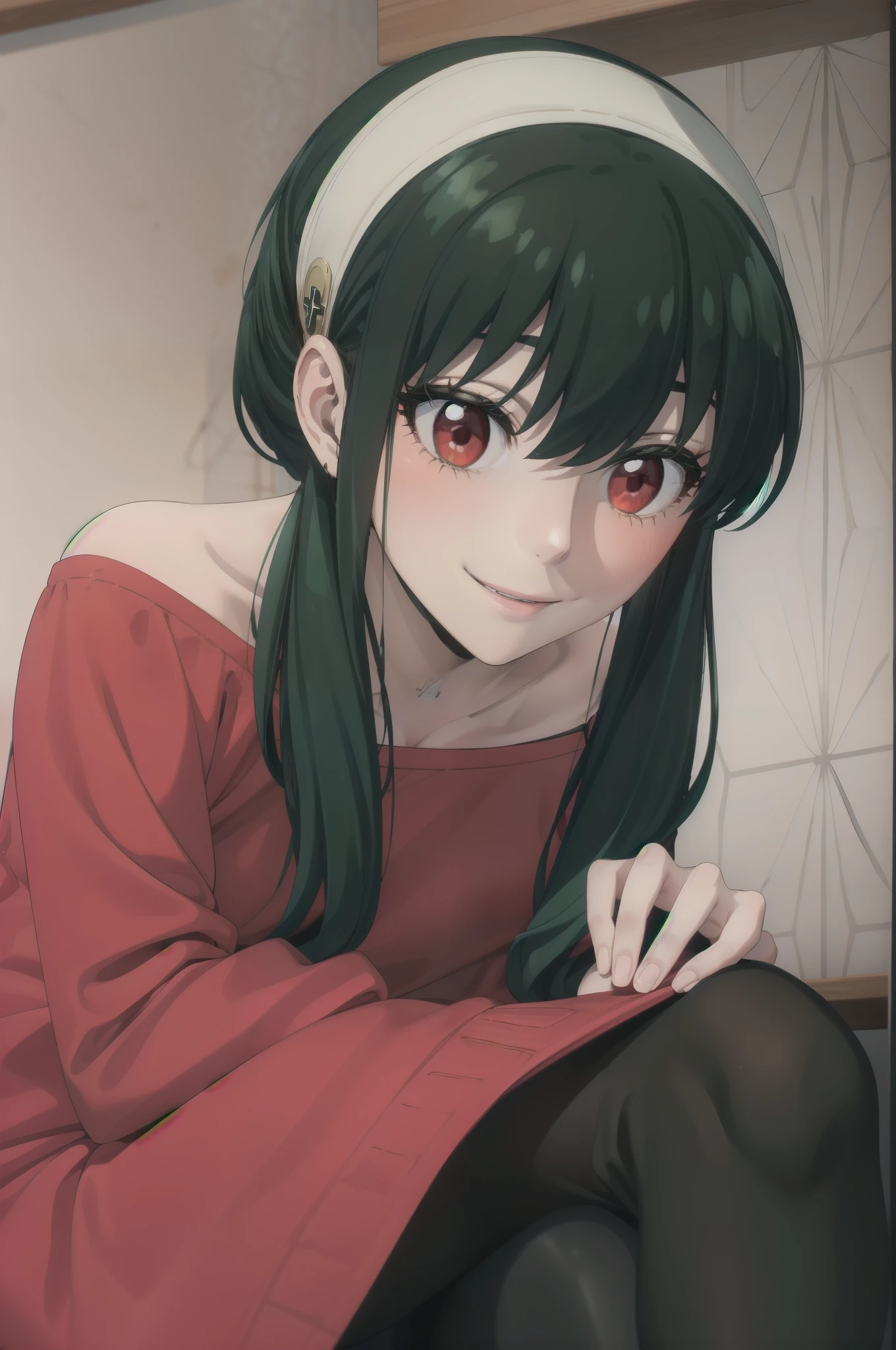 masterpiece, highest quality, 8k, ultra high resolution, highest quality, best writing, beautiful face, (extreme close up:1.1), (black-green hair:1.3), Long hair short hair、white hair band、red eyes、off shoulder、red sweater、sweater dress、long sleeve、black pantyhose、indoor、sit on a chair、(cross your legs:1.3), smile