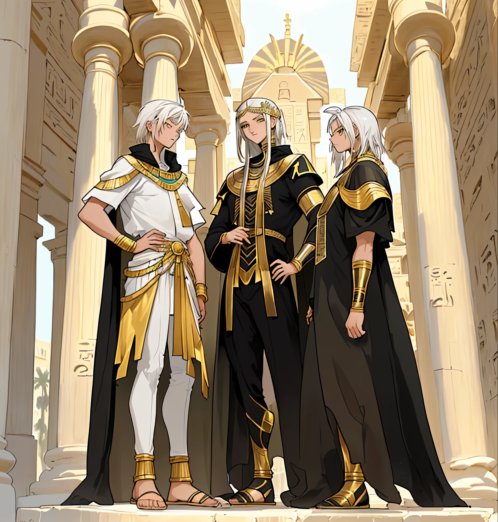 There are two young men, one 12 years old and the other 16 years old, both have white hair and yellow eyes, they are dressed in ancient Egyptian costumes, they are talking about a secret plan., en el fondo se ve palacios y edificios del antiguo egipto una hermos ciudad de fantasia