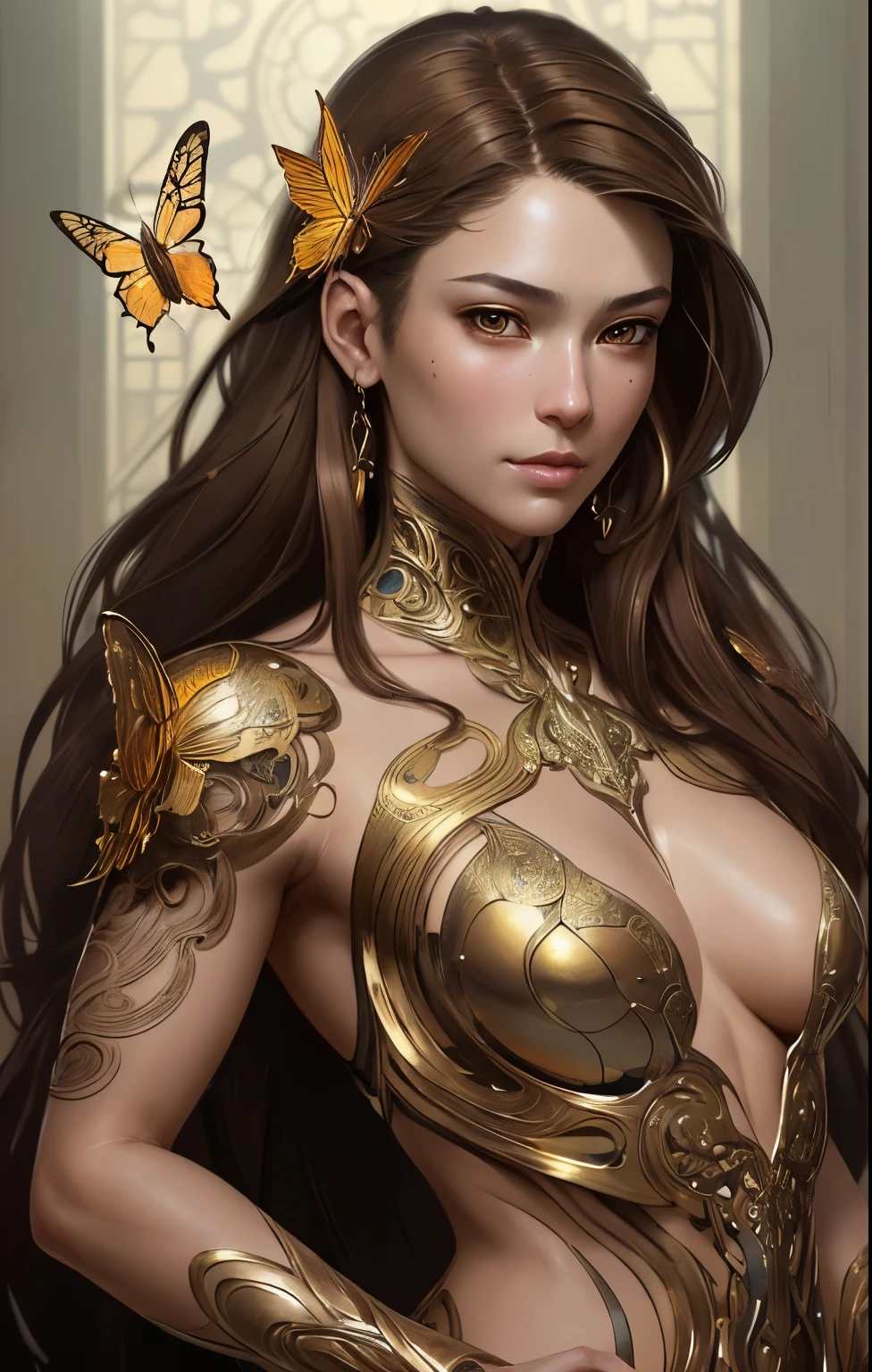 8k portrait of beautiful cyborg with brown hair, intricate, elegant, highly detailed, majestic, digital photography, art by artgerm and ruan jia and greg rutkowski surreal painting gold butterfly filigree, broken glasasterpiece, sidelighting, finely detailed beautiful eyes: 1.2), hdr, 