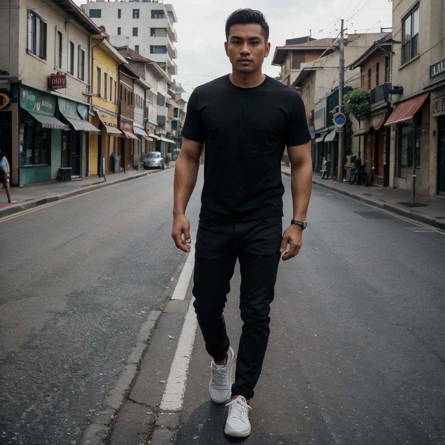 A handsome indonesian man, 26 years old with olive skin, clean face without bard, stands tall with a proportional body and short wavy black hair. Wearing Balck t-shirt, he wears tortilla jeans color and black sneakers on his feet, walks forward with purpose. The milan street road serves as the background, shrouded in a cloudy, cinematic atmosphere. The scene is very detailed, with hyper-realistic textures capturing every crease and wrinkle on his face and clothing.The full-body shoot angle ensures a sharp focus on the man,making every feature and detail evident