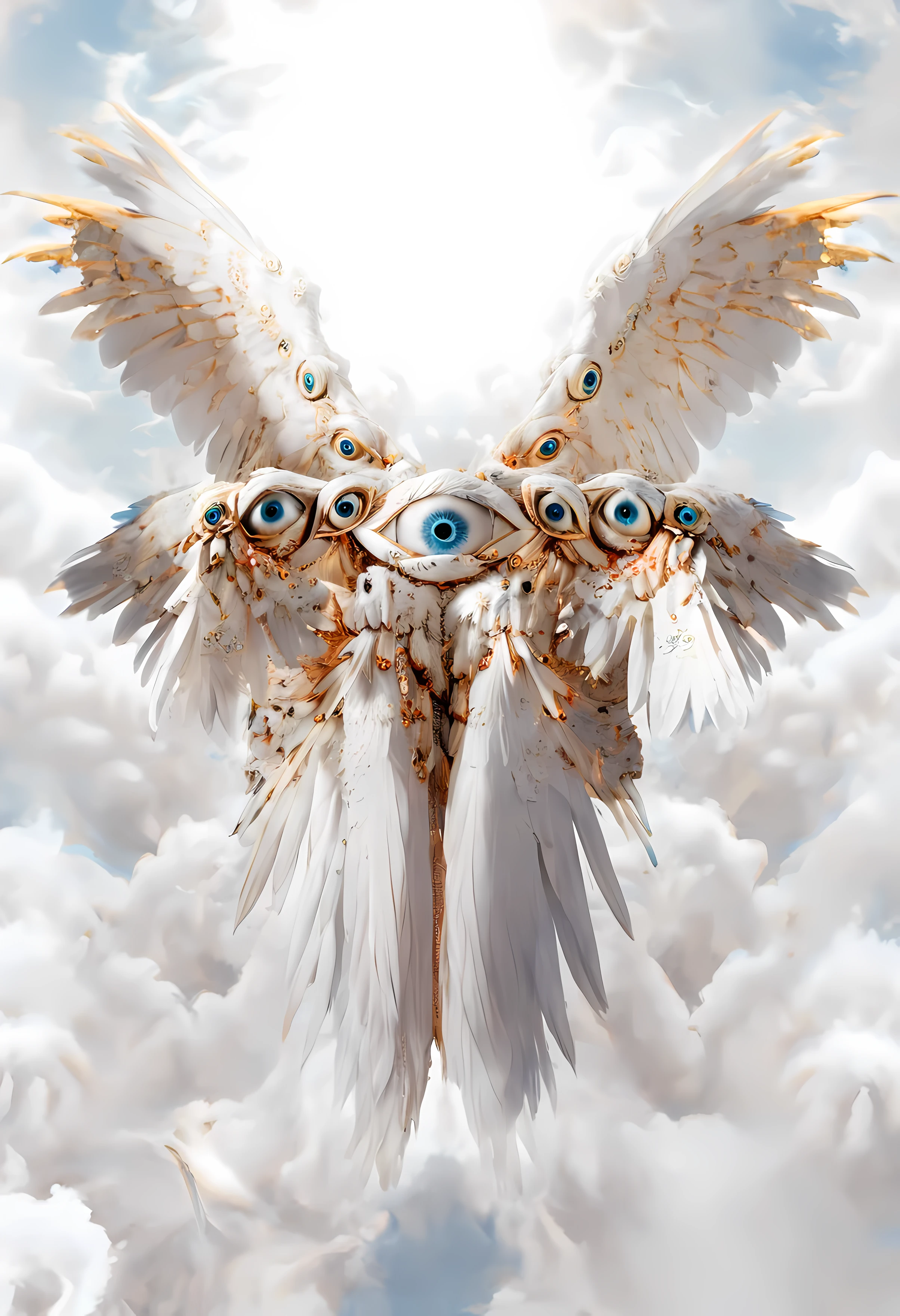 beautiful seraphim, golden heaven, blue sky, mist, feather wings, big eyes, biblically accurate angel, biblaccurang, masterpiece, bokeh, realistic, detailed
