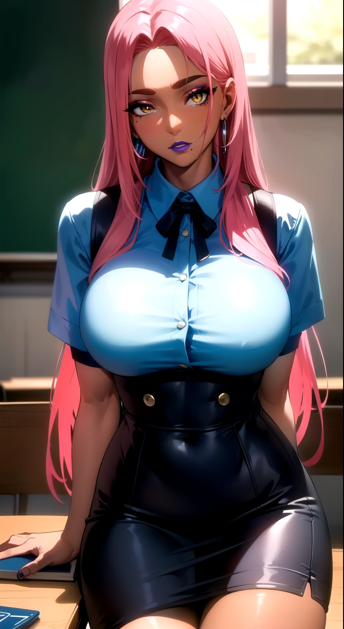 (masterpiece, highres, best quality:1.3), 8K, highly detailed, intricate, colorful, vibrant image, sharp focus, digital blending, 4K, trending on pixiv Ingrid, ((mid high school uniform)), solo, mature female, 40yo, milf, curvy, (dark skinned female:1.15), dark skin, posing, classroom, book, book on table, sitting on chair, leaning to table, (caring look:1.2), looking at viewer, cowboy shot, pink hair, very long hair, forehead, hair intakes, purple lipstick, makeup, mole under mouth, yellow eyes, perfect eyes, perfect face, ultra detailed hair, ultra detailed face, earrings, ultra detailed lips, large breasts, ultra detailed lipstick,