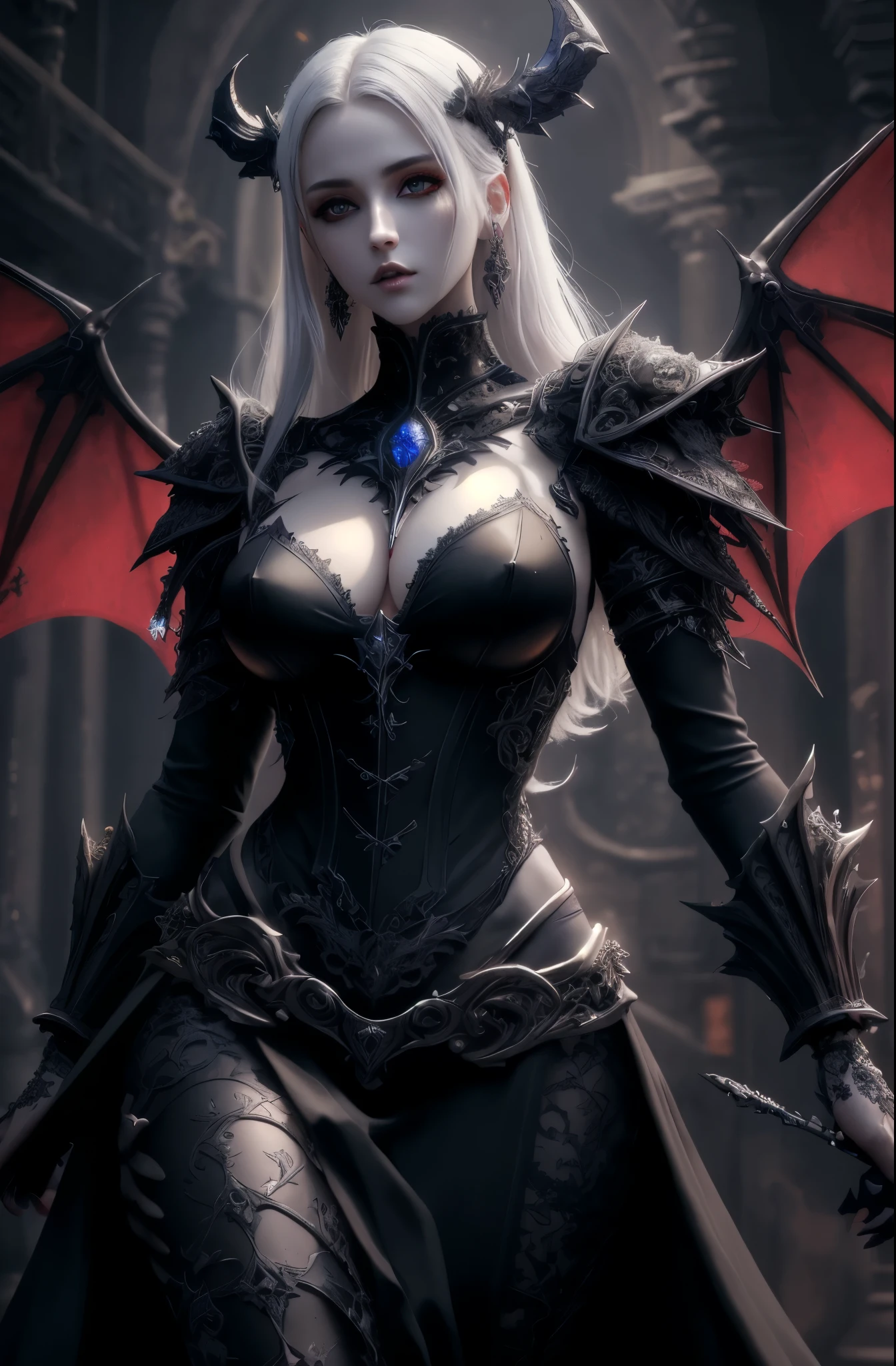 Arafed, dark fantasy art, gothic art, a picture of a vampire ready for battle, female vampire, armed with a sword, wearing heavy armor LnF, armed with a sword, shining sword, steel shines, full body, ultra detailed face (intricate detailed, Masterpiece, best quality: 1.4), pale skin, gloeing eyes, red eyes, ultra feminine, pale skin, dynamic hair, dark fantasy urban street (intricate detailed, Masterpiece, best quality: 1.4), moon light, star light, clouds, Wide-Angle, Ultra-Wide Angle, high details, best quality, highres, 1080P, 8k, anatomically correct