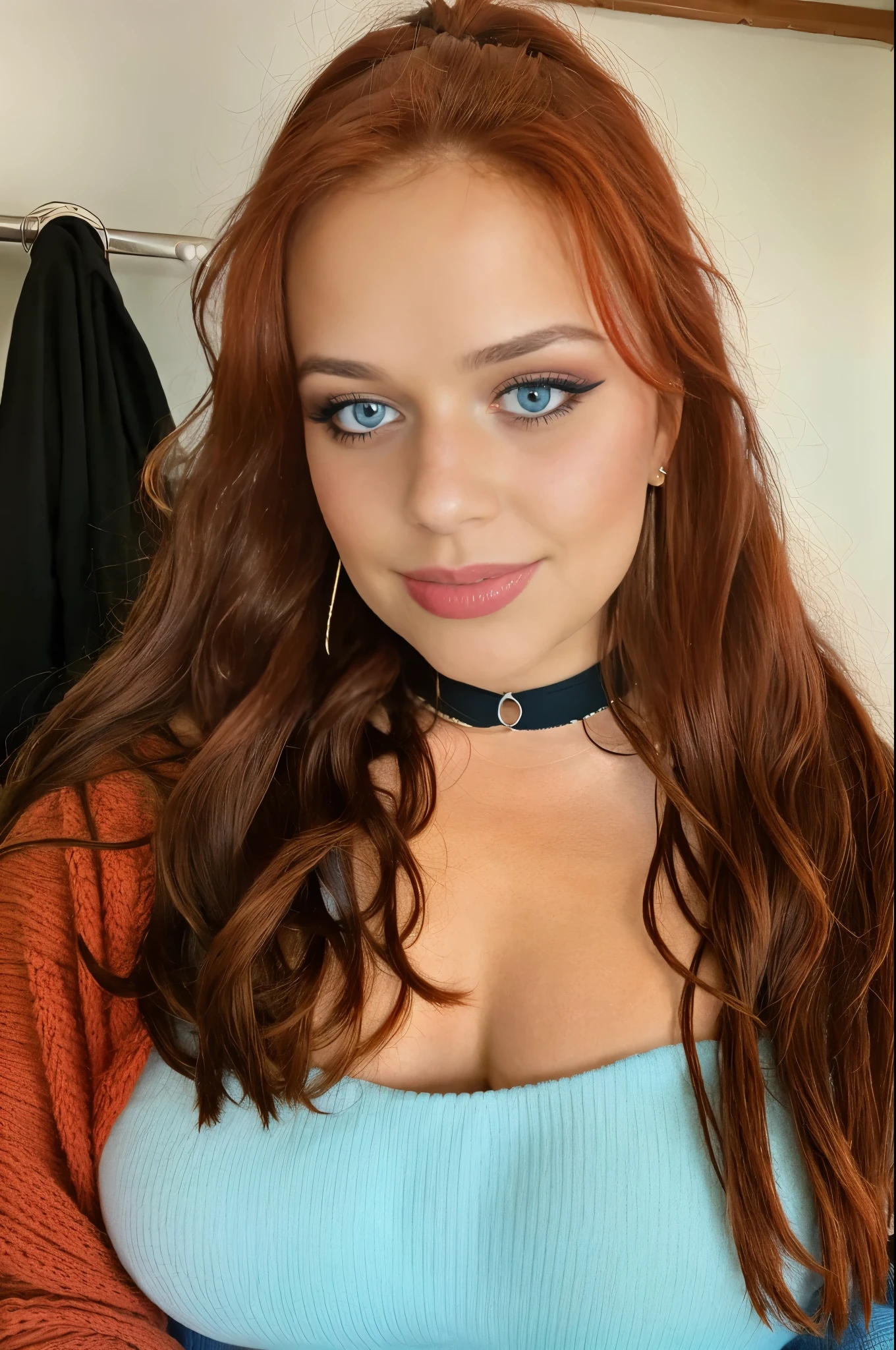 kayla lynn, hugefaketits, raw photo, (18yo redhead girl:1.2), makeup, graphic eyeliner, rouge, (choker:0.9), realistic skin texture, oversize knit sweater, (red:0.8), softcore, warm lighting, cosy atmosphere, instagram style,busty tits,curvy hips,blue eye color,