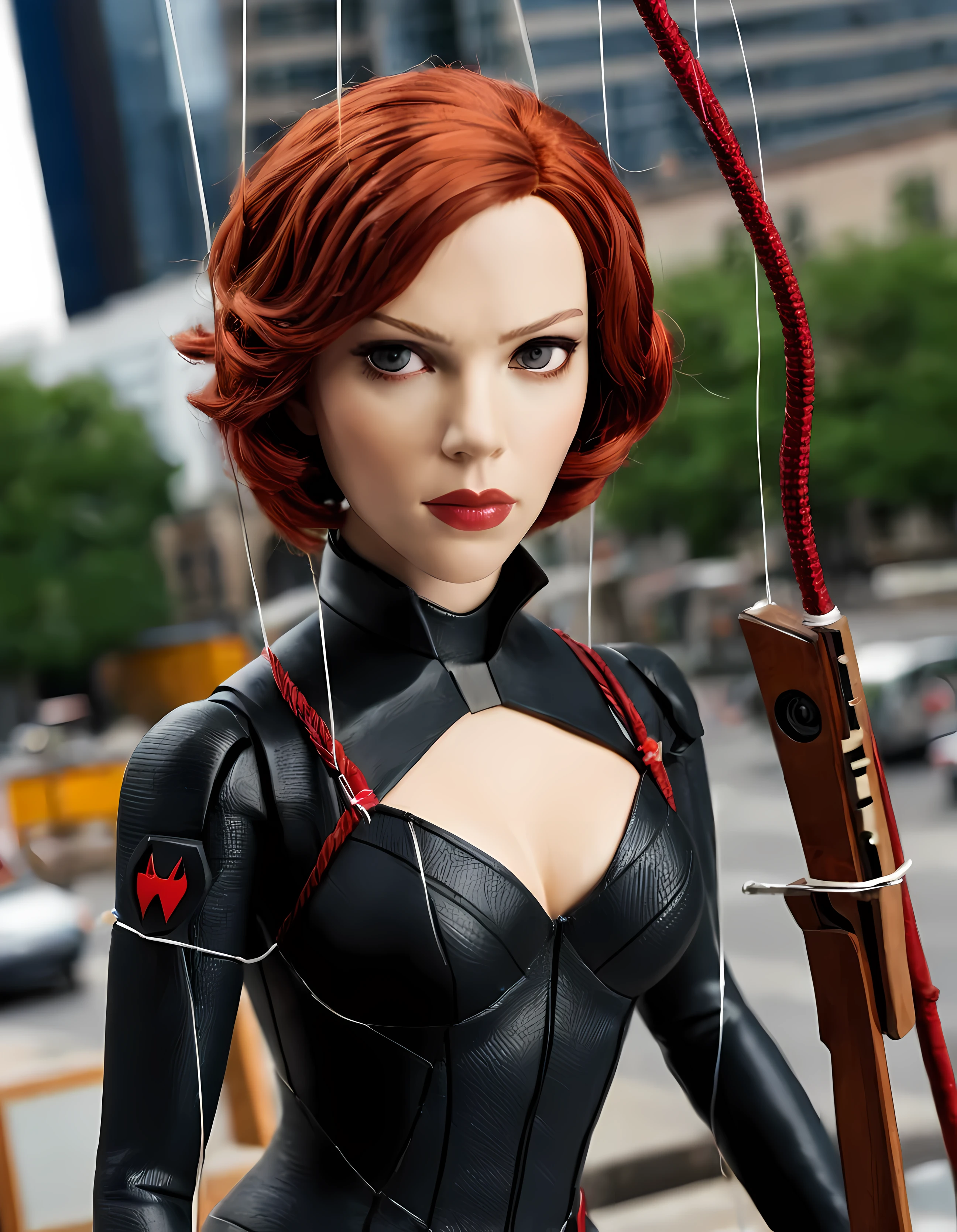 photo, portrait, (wooden-marionette:1.2), scarlett-johansson as black-widow, in city, (strings:1.13), , 