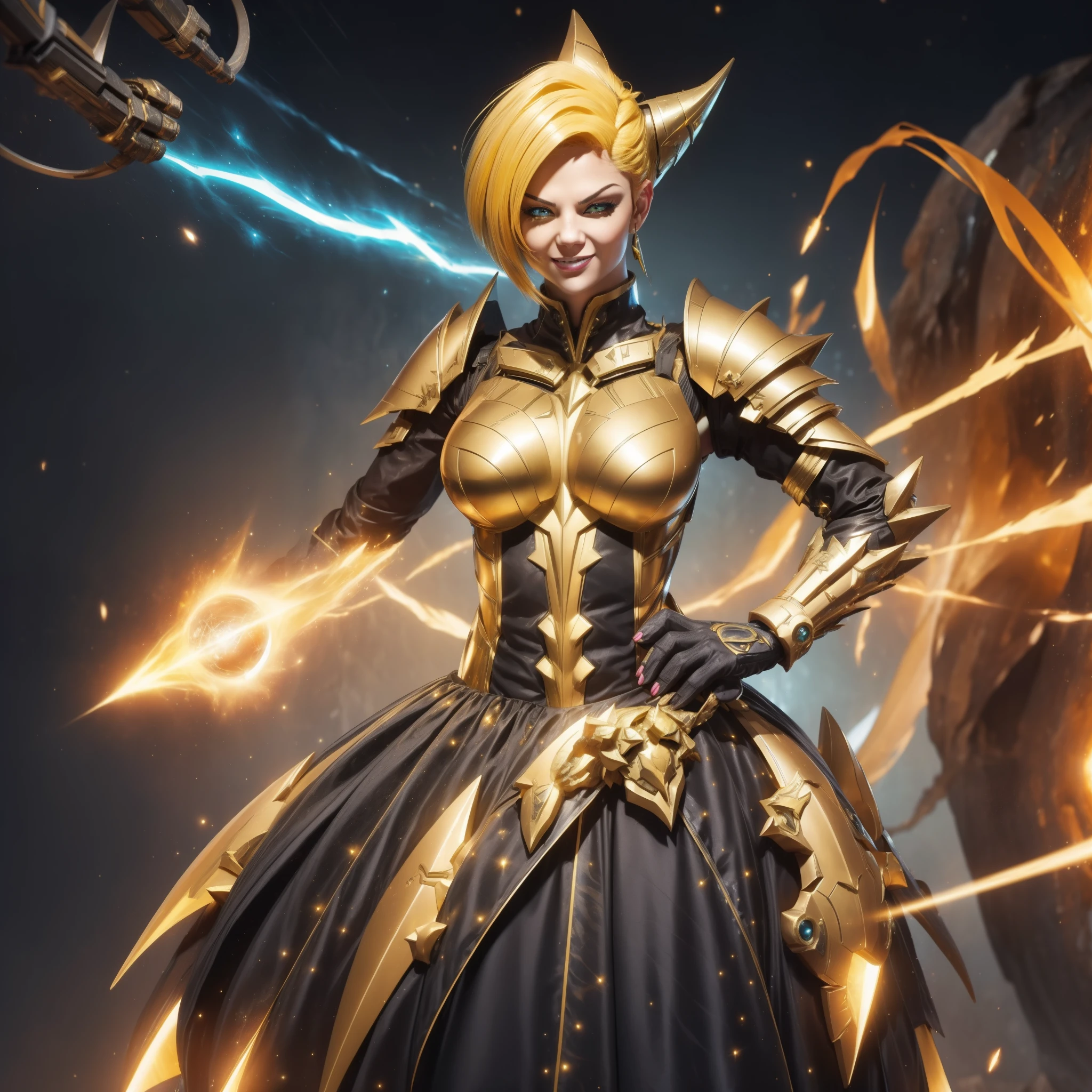 Armored Armalien princess with short, vibrant yellow hair and electrifying powers resides in an uncharted galaxy. Her asymmetrical, stylized golden armor, adorned with electric design elements, shines brightly, reflecting her villainous personality. Her seductive smile and a provocative laugh accentuate her allure, contrasting the intimidating aura of her armor.