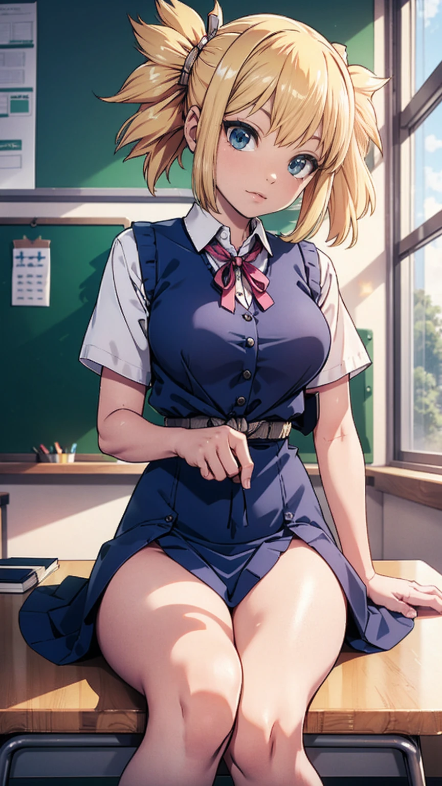 pleated skirt, dress shirt, white shirt, yellow cardigan, low heels, long socks, white socks, school, classroom, kohaku, blonde hair, blue eyes, sitting, legs crossed, kawai, cute, portraits, vivid colors, soft lighting, JC girl, twintails, school uniform, short sleeves, medium breasts, yellow vest, sweater vest , pleated skirt, black socks, pink panties, skirt lift,