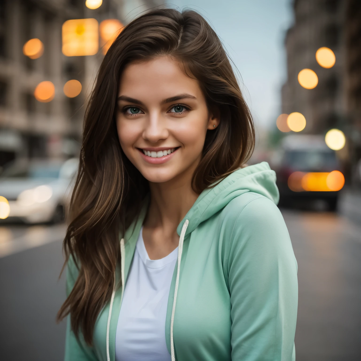 21 years old young caucasian girl, named Stella, long light brown hair, messy medium hair, beautiful green eyes, large medium breast, fit body, slim body, narrow waist, round ass, sexy babe, slender fit body, wearing casual shirt with a white short hoodie and leggings, laughing, cute smile, green eyes, city street, long light brown hair, messy medium hair, slim body, view from front, medium upper body shot, looking at the camera, cute smile, shallow depth of field, epic realism, ((extremely realistic photo)), high contrast, skin texture, realistic skin texture, detailed nose, detailed green eyes, realistic textures, incredibly detailed, best quality, ultra-high resolution, 4k quality, photorealistic, ultra-detailed, finely detailed