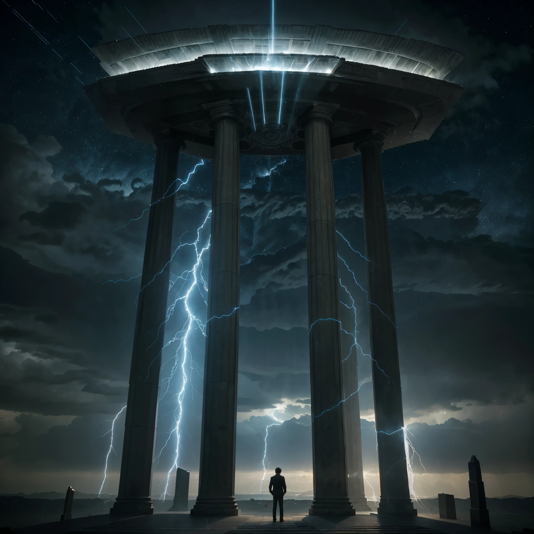 Enlil, the God of Wind and Storm, sits majestically within a futuristic Sumerian temple, the wind howling around him as he raises his arms to tame the turbulent sky, lightning flashing in the background. In the intricately designed temple, intricate engravings portraying legendary storms decorate the columns and statues of Enlil radiating power.Lucid billows of binary code surround Enlil as he channels the elements. In the driving rain, he pilots an old, but technologically advanced spaceship, storms swirling around it, leaving a trail of animated glitches behind as a testament to its power. 