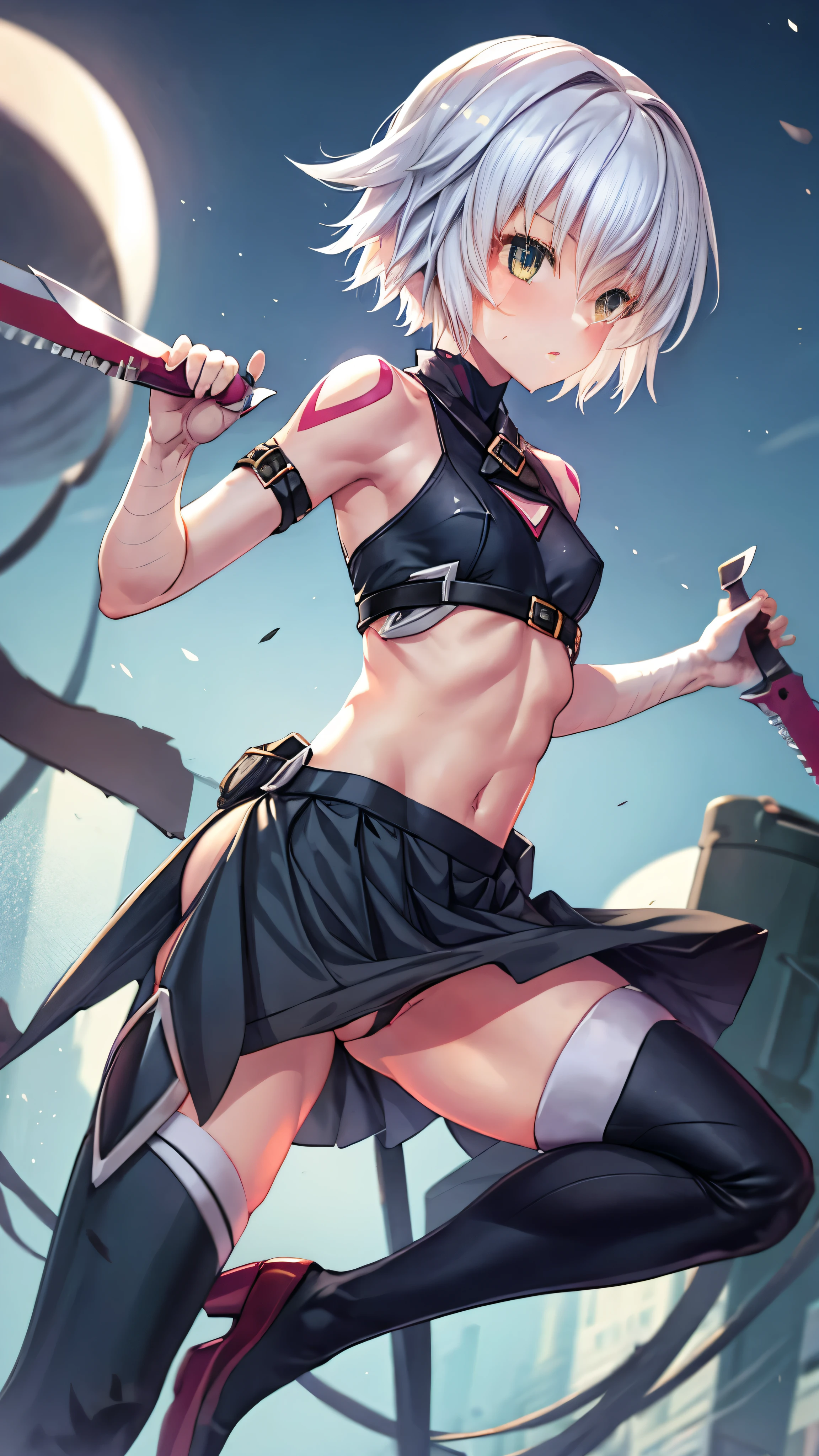 1girl, fgo, flat chest, (:1.2), solo, long black skirt, look at viewer, city background, 