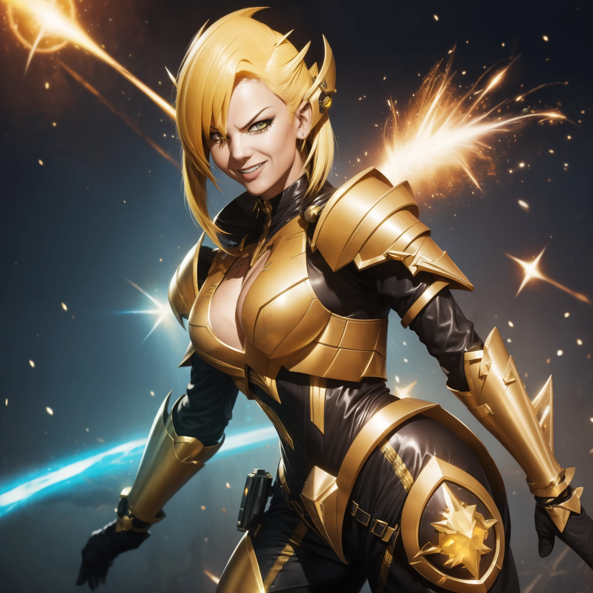 Armored Armalien princess with short, vibrant yellow hair and electrifying powers resides in an uncharted galaxy. Her asymmetrical, stylized golden armor, adorned with electric design elements, shines brightly, reflecting her villainous personality. Her seductive smile and a provocative laugh accentuate her allure, contrasting the intimidating aura of her armor.