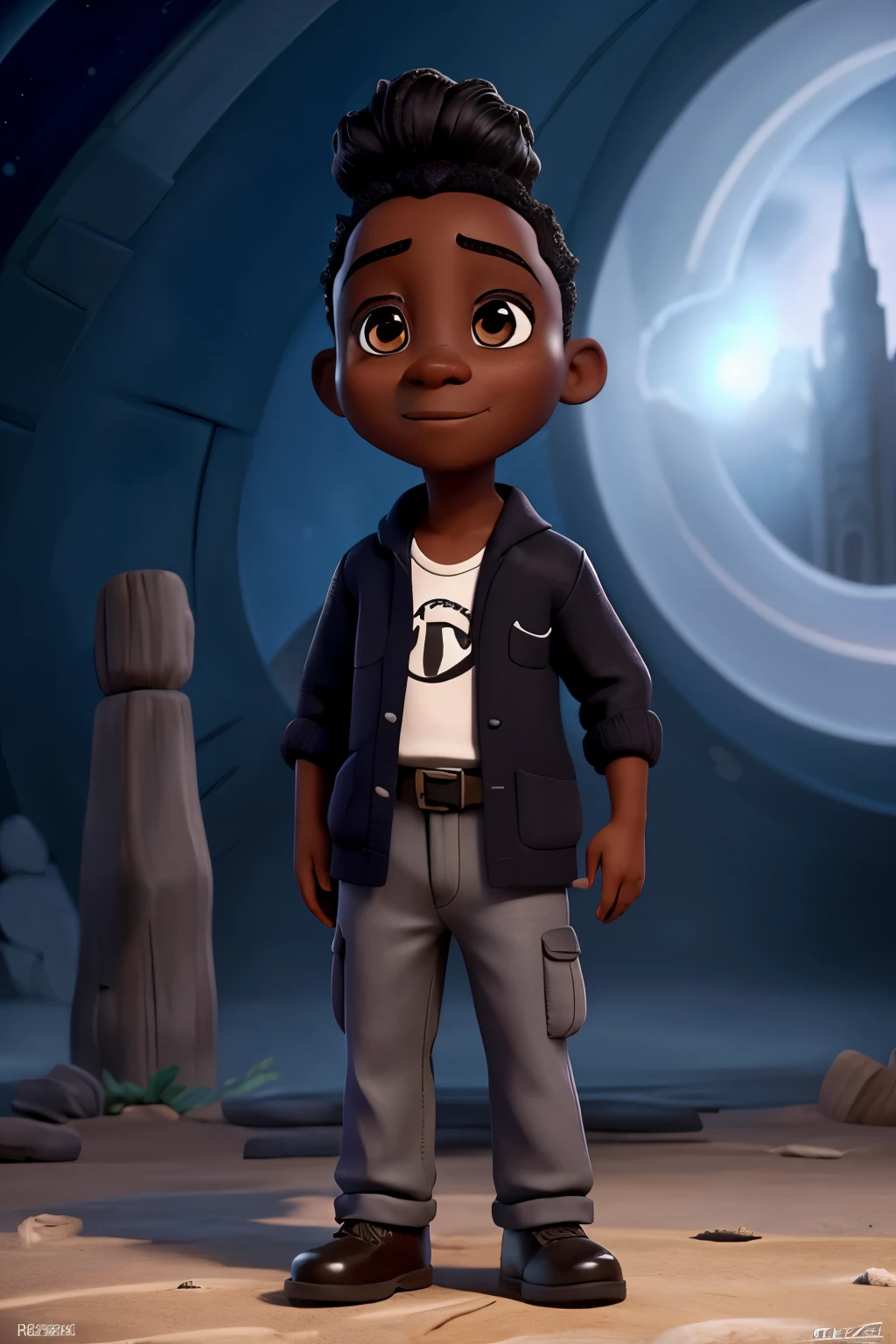 Capa de filme estilo Disney, um preto com olhos castanhos, Pele escura e cabelos cacheados no foguete espacial