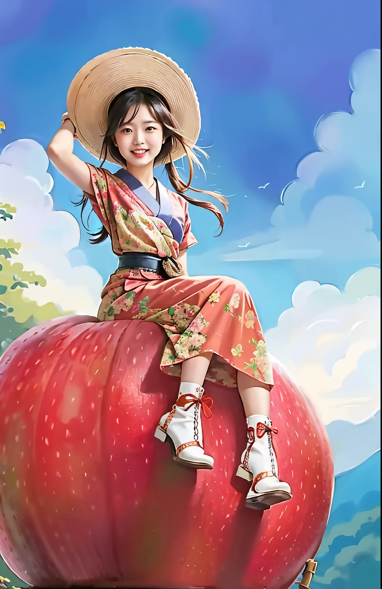 A very detailed image of a Japanese woman wearing a pink cowboy hat and a brown dress that covers most of her legs, your right hand holds your hat, a mulher usa botas brancas com detalhes marrons, is sitting on top of a giant red apple, que parece ser seu meio de transporte. She has a serious expression on her face as she enjoys this extravagant ride.