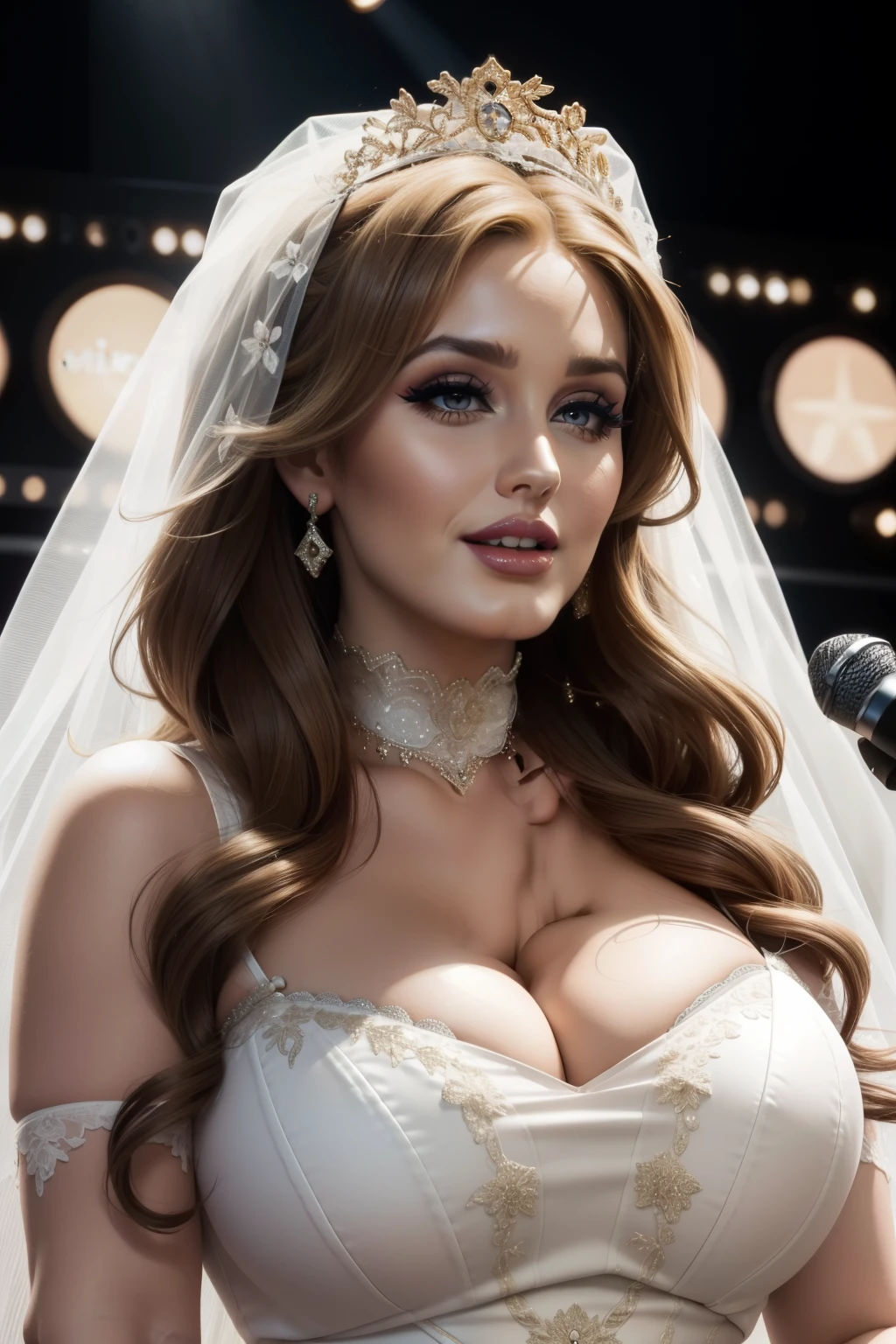 Lucy Pinder, smiling, (Adele),((VERY INTENSE MAKEUP)), bright lipstick, voluptuous, neckline, dressed a bride, ((singing))