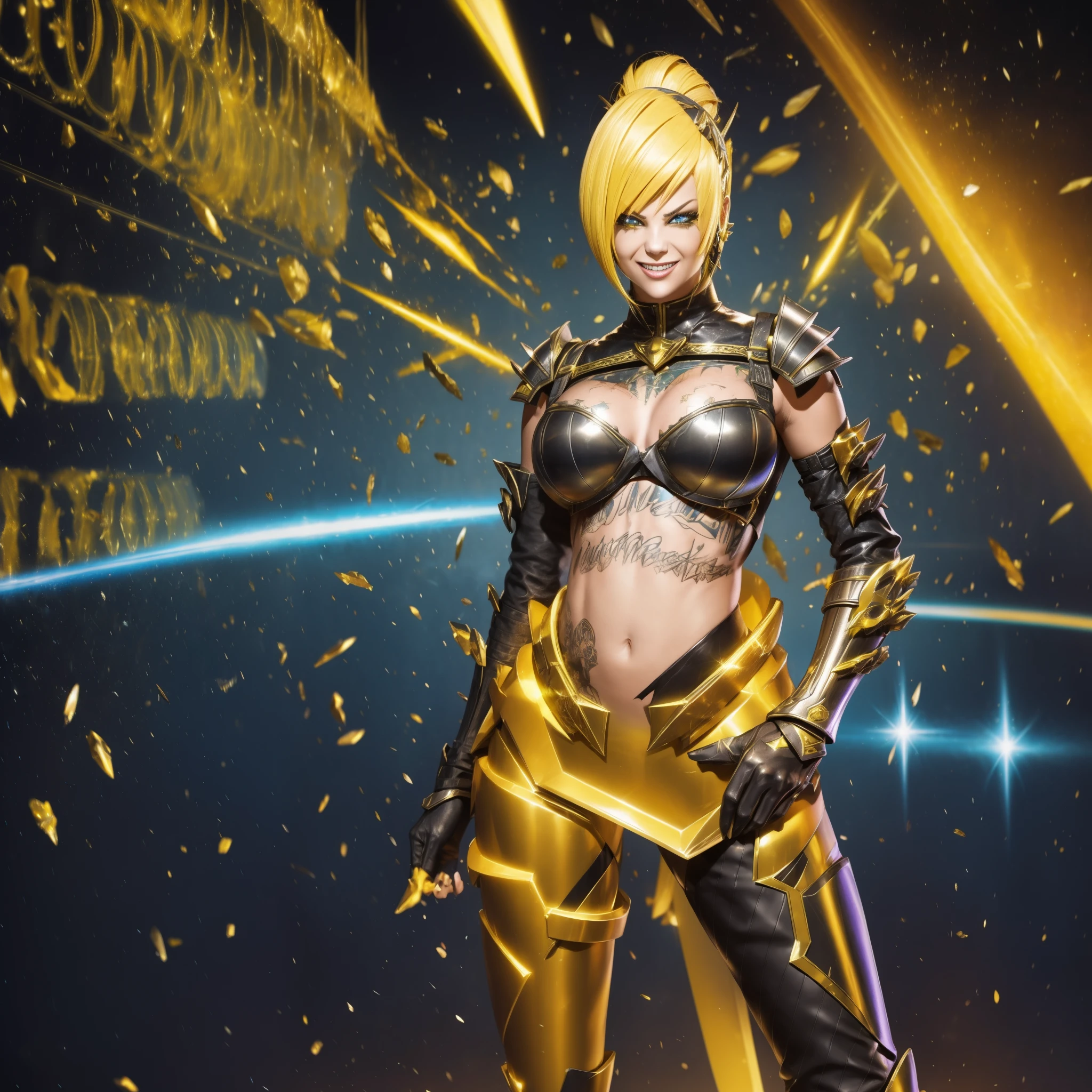 Armored Armalien princess with short, vibrant yellow hair and electrifying powers resides in an uncharted galaxy. Her asymmetrical, stylized golden armor, adorned with electric design elements, shines brightly, reflecting her villainous personality. Her seductive smile and a provocative laugh accentuate her allure, contrasting the intimidating aura of her armor.