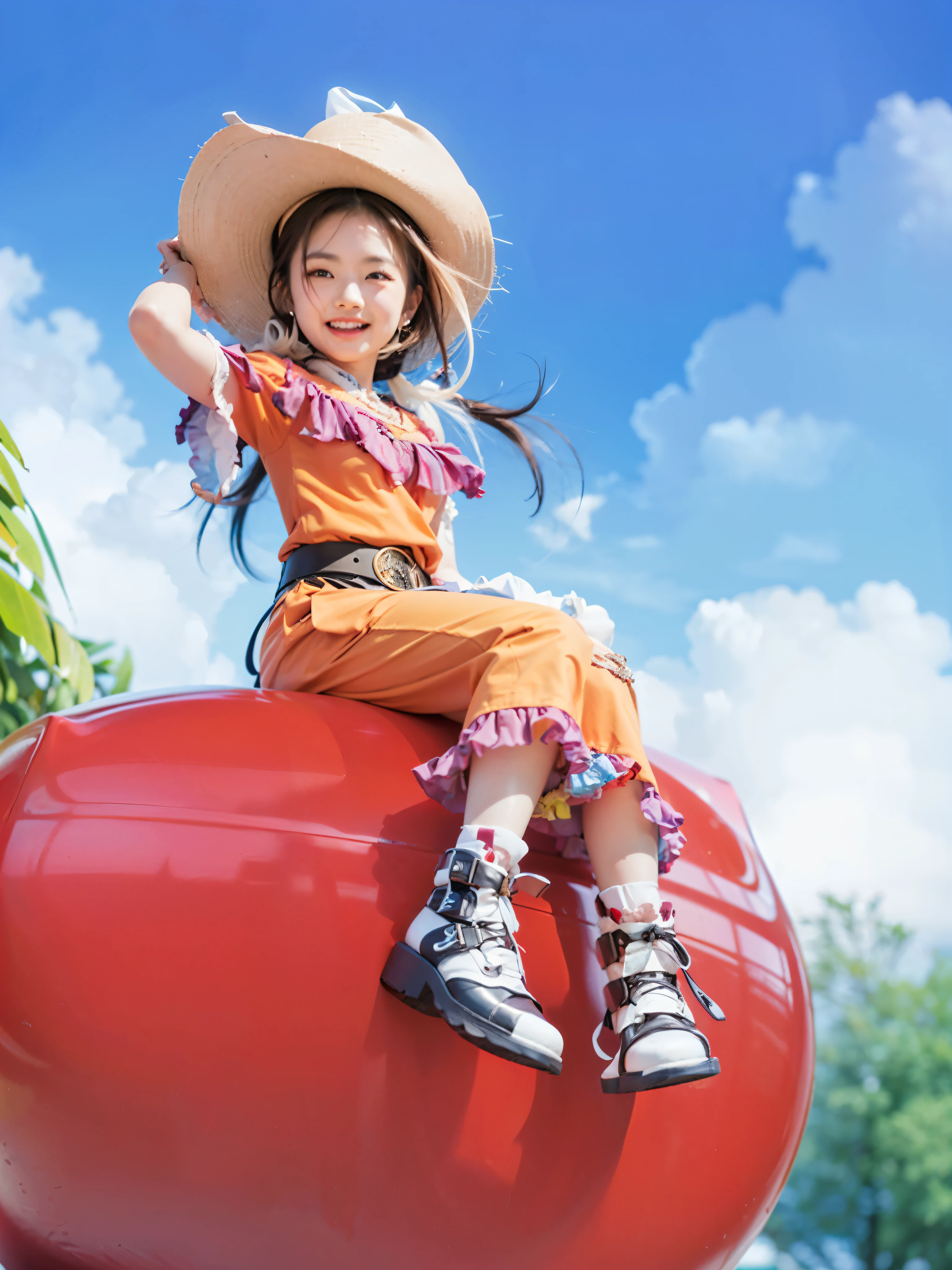 Uma imagem muito detalhada de uma mulher japonesa adulta, com 30 anos, wearing a pink cowboy hat and a brown dress that covers most of her legs, your right hand holds your hat, a mulher usa botas brancas com detalhes marrons, she is sitting on top of a giant red apple, que parece ser seu meio de transporte. She has a serious expression on her face as she enjoys this extravagant ride.
