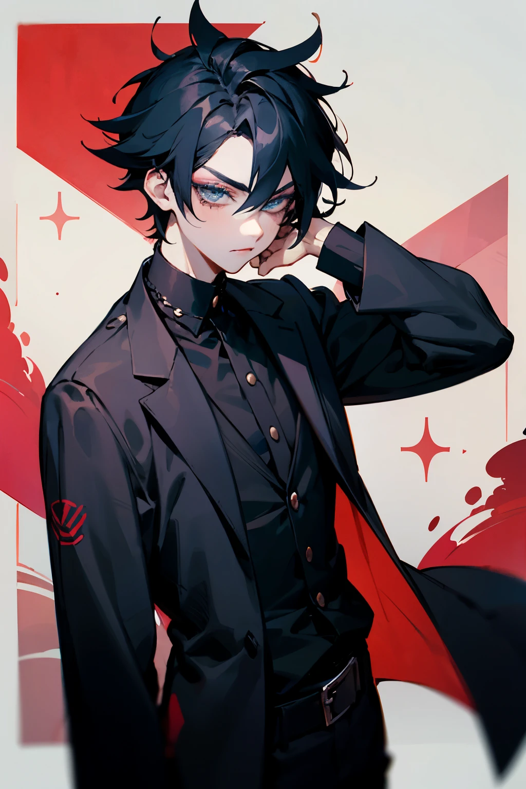Emo boy, young man in his 20's, black clothes, 2010's emo, anime style, emo style, emo clothes, emo hair style, handsome, makeup, scene fashion
