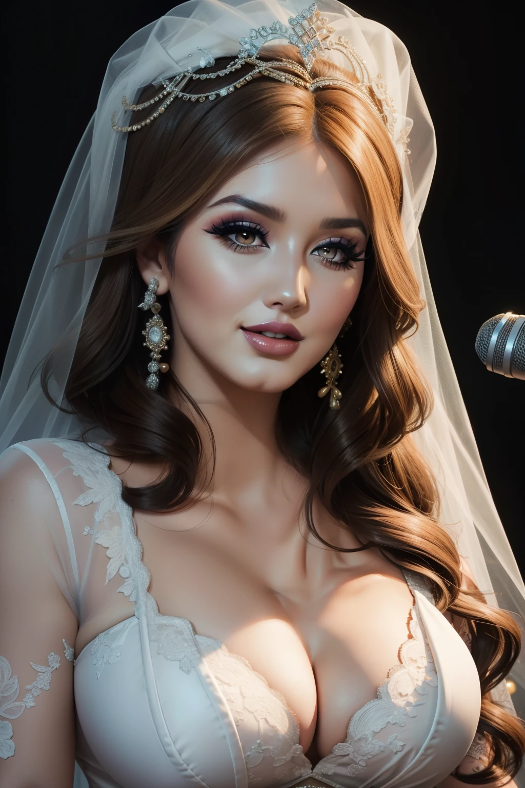 Lucy Pinder, smiling, (Adele),((VERY INTENSE MAKEUP)), bright lipstick, voluptuous, neckline, dressed a bride, ((singing)), ((Asian Woman))