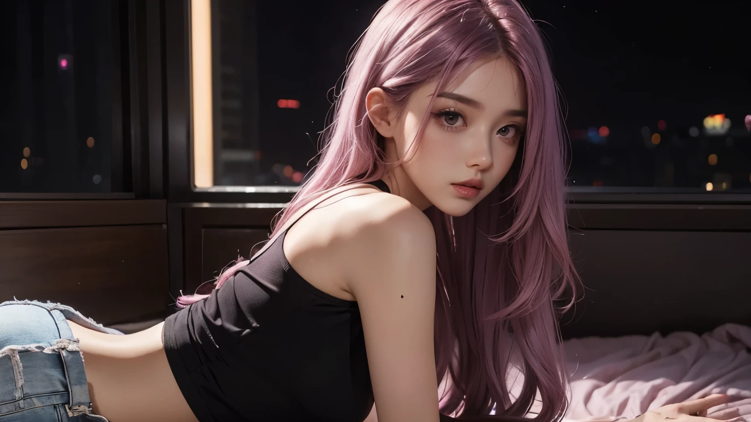 A girl with long light pink soft purple hair, perfect big booba , good quality, detailed beauty face, wearing black crop top, in the night