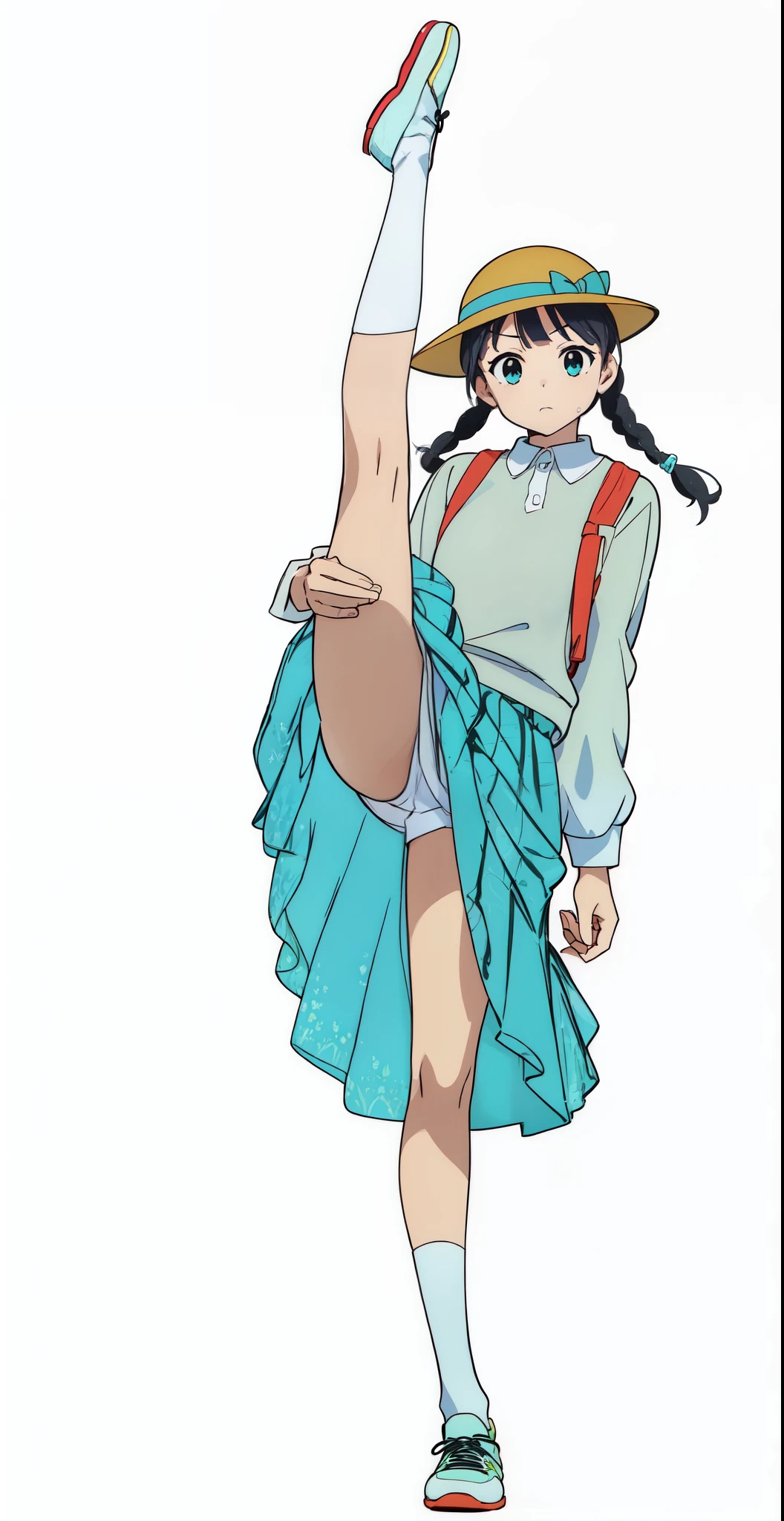 (white background:1.0), (best quality:1.0), (masterpiece:1.0), (super fine illustration:1.0), (beautiful artwork:1.0), (anime screencap:1.0), (official art:1.0), (full body:1.0), (solo:1.0), (ESGA:1.0), (a 12yo cute girl:1.5), (yellow hat:1.25), (red backpack:1.0), (long skirt:1.0), (green tartan skirt:1.0), (pleated skirt:1.0), (aqua blue polo shirt:1.0), (long sleeve polo shirt:1.0), (sneakers:1.0), (white socks:1.25), (ideal ratio body proportions:1.0), (lanky:1.0), (tall:1.0), (slender:1.0), (small breasts:1.0), (smaller face:1.0), (tareme:1.5), (detailed beautiful eyes:1.5), (detailed beautiful face:1.5), (glowing black eyes:1.1), (short hair:1.0), (swept bangs:1.5), (twin braids:1.5), (black hair:1.0), (looking at viewer:1.5)
