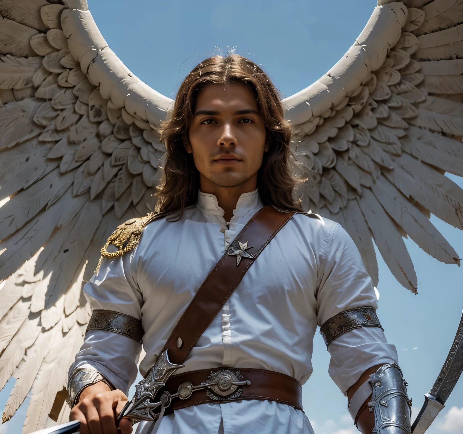 Close-up of an image of a male angel with a large and long sword with attack stance in his right hand, in the other left hand holding a scale, Angel dressed as a Roman soldier looking at the ground, arcanjo homem com asas grandes, o anjo da fortuna, perfeito, Realista, Biblical setting, Biblical Paradise Setting, sol e nuvens ultras realistas, flores e velas, enlightened archangel of heaven, flores coloridas, velas acesas, roupas brancas e vermelhas