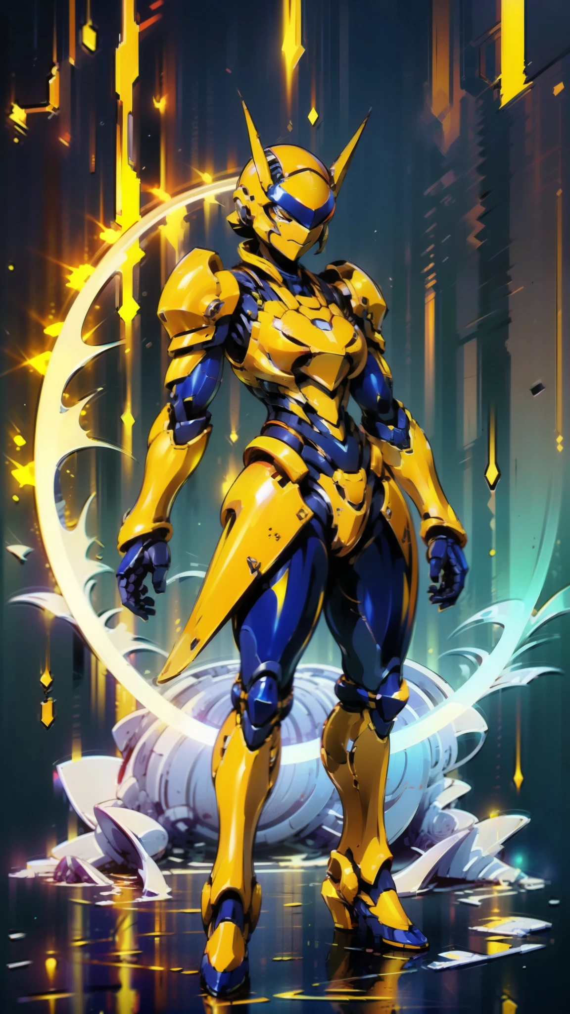 A woman adorned in fantasy-style full-body armor, a crown-concept fully enclosed helmet that unveils only her eyes, a composite layered chest plate, fully encompassing shoulder and hand guards, a lightweight waist armor, form-fitting shin guards, the overall design is heavy-duty yet flexible, ((the armor gleams with a golden glow, complemented by red and blue accents)), exhibiting a noble aura, she floats above a fantasy-surreal high-tech city, this character embodies a finely crafted fantasy-surreal style armored hero in anime style, exquisite and mature manga art style, (Queen bee mixed with Spider concept Armor, plasma, blood), ((Element, energy, elegant, goddess, femminine:1.5)), metallic, high definition, best quality, highres, ultra-detailed, ultra-fine painting, extremely delicate, professional, anatomically correct, symmetrical face, extremely detailed eyes and face, high quality eyes, creativity, RAW photo, UHD, 32k, Natural light, cinematic lighting, masterpiece-anatomy-perfect, masterpiece:1.5