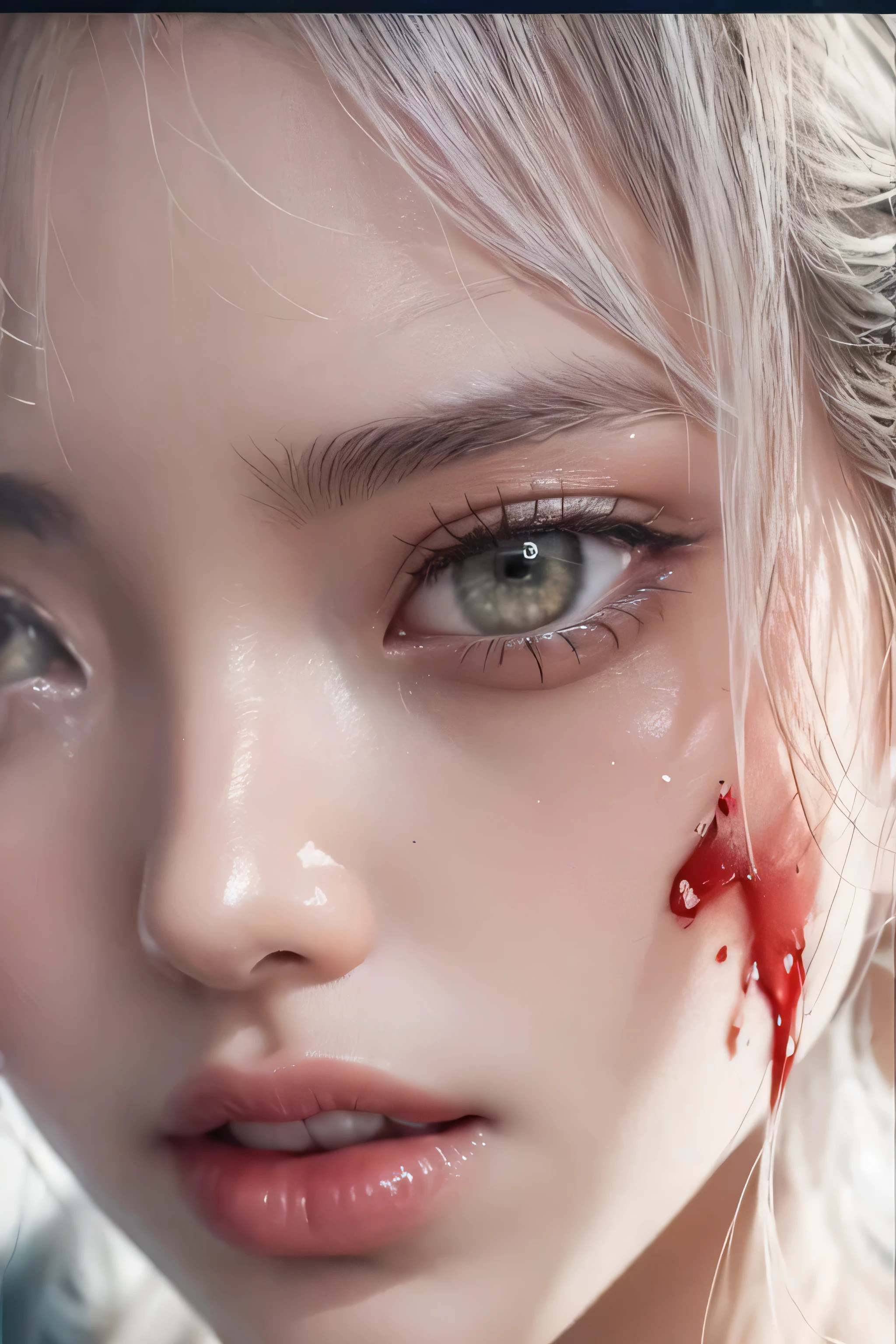 (on one screen:2)、(Bleeding from part of the face:1.4)、highest quality、High resolution、Super detailed、masterpiece、(Live shooting:1.5)、genuine:1.5、photogenuineistic:1.5、very delicate and beautiful、small details、1 female、(25 years old:1.5)、(super beautiful)、(beautiful face:1.5)、(close up of face:1.5)、tears、Textured Natural Skin、(At SFW)
