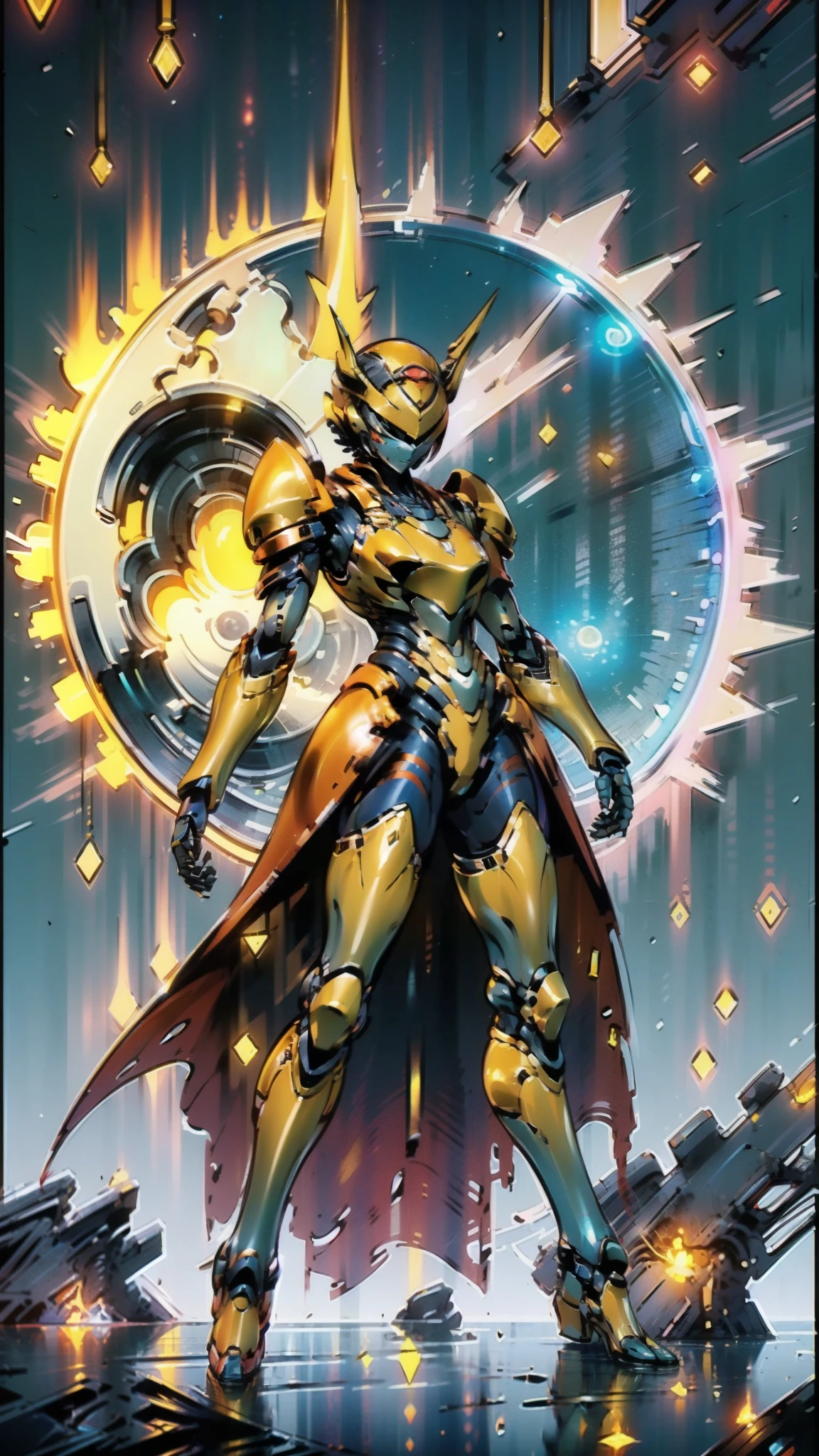 A woman adorned in fantasy-style full-body armor, a crown-concept fully enclosed helmet that unveils only her eyes, a composite layered chest plate, fully encompassing shoulder and hand guards, a lightweight waist armor, form-fitting shin guards, the overall design is heavy-duty yet flexible, ((the armor gleams with a golden glow, complemented by red and blue accents)), exhibiting a noble aura, she floats above a fantasy-surreal high-tech city, this character embodies a finely crafted fantasy-surreal style armored hero in anime style, exquisite and mature manga art style, (Queen bee mixed with Spider concept Armor, plasma, blood), ((Element, energy, elegant, goddess, femminine:1.5)), metallic, high definition, best quality, highres, ultra-detailed, ultra-fine painting, extremely delicate, professional, anatomically correct, symmetrical face, extremely detailed eyes and face, high quality eyes, creativity, RAW photo, UHD, 32k, Natural light, cinematic lighting, masterpiece-anatomy-perfect, masterpiece:1.5