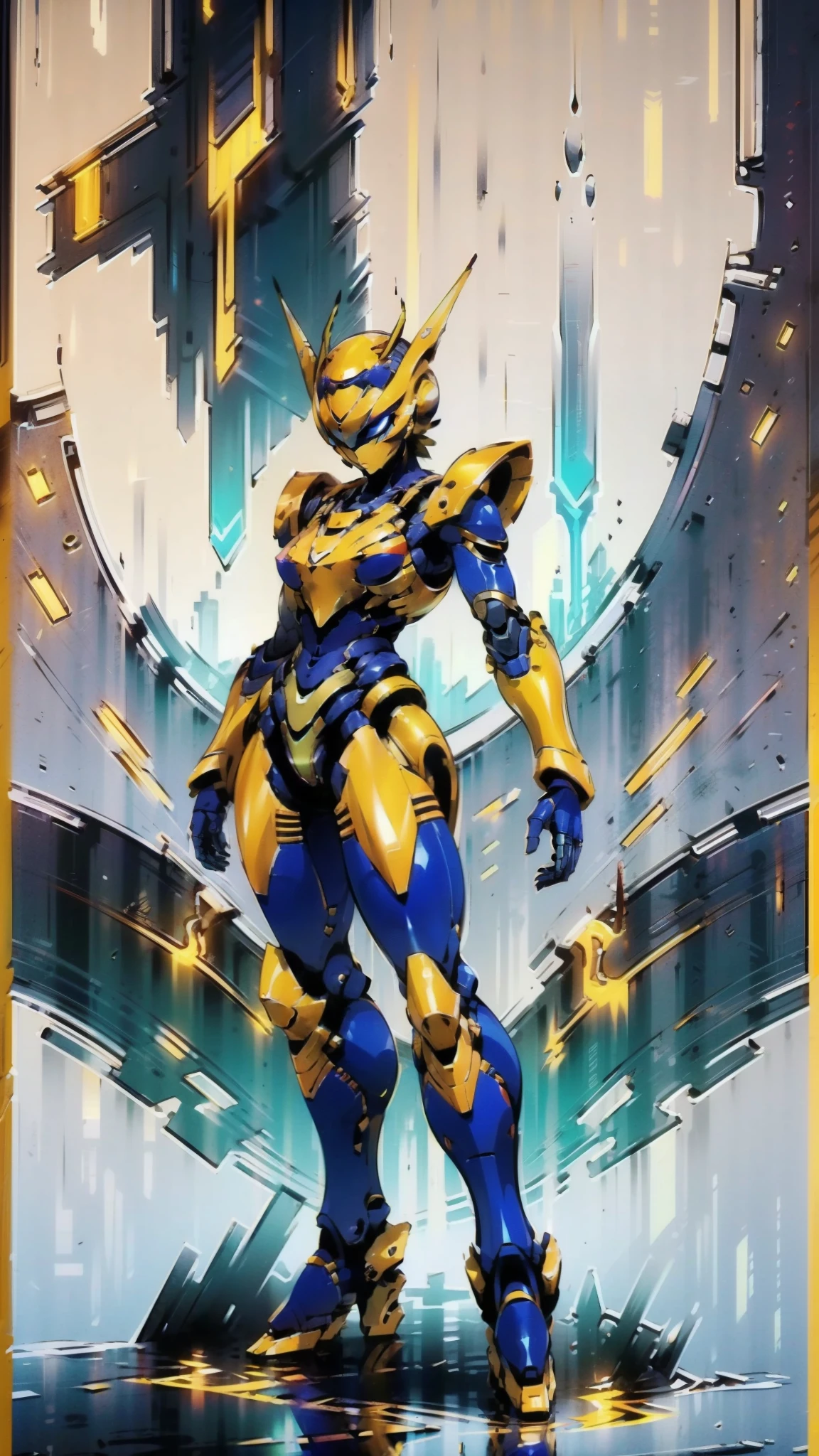 A woman adorned in fantasy-style full-body armor, a crown-concept fully enclosed helmet that unveils only her eyes, a composite layered chest plate, fully encompassing shoulder and hand guards, a lightweight waist armor, form-fitting shin guards, the overall design is heavy-duty yet flexible, ((the armor gleams with a golden glow, complemented by red and blue accents)), exhibiting a noble aura, she floats above a fantasy-surreal high-tech city, this character embodies a finely crafted fantasy-surreal style armored hero in anime style, exquisite and mature manga art style, (Queen bee mixed with Spider concept Armor, plasma, blood), ((Element, energy, elegant, goddess, femminine:1.5)), metallic, high definition, best quality, highres, ultra-detailed, ultra-fine painting, extremely delicate, professional, anatomically correct, symmetrical face, extremely detailed eyes and face, high quality eyes, creativity, RAW photo, UHD, 32k, Natural light, cinematic lighting, masterpiece-anatomy-perfect, masterpiece:1.5
