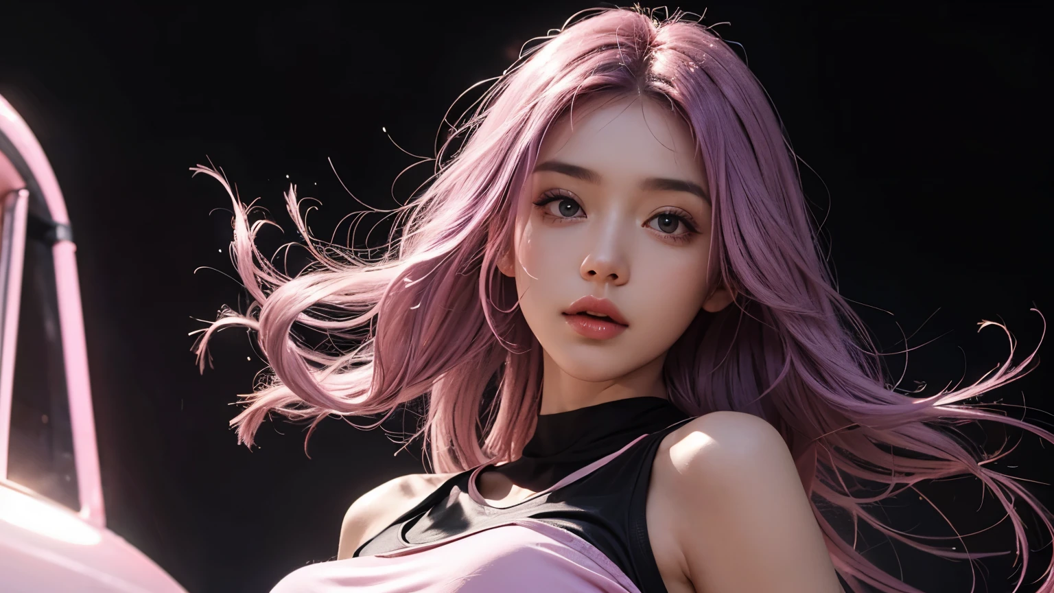 A girl with long light pink soft purple hair, perfect big booba , good quality, detailed beauty face, wearing black crop top, in the night
