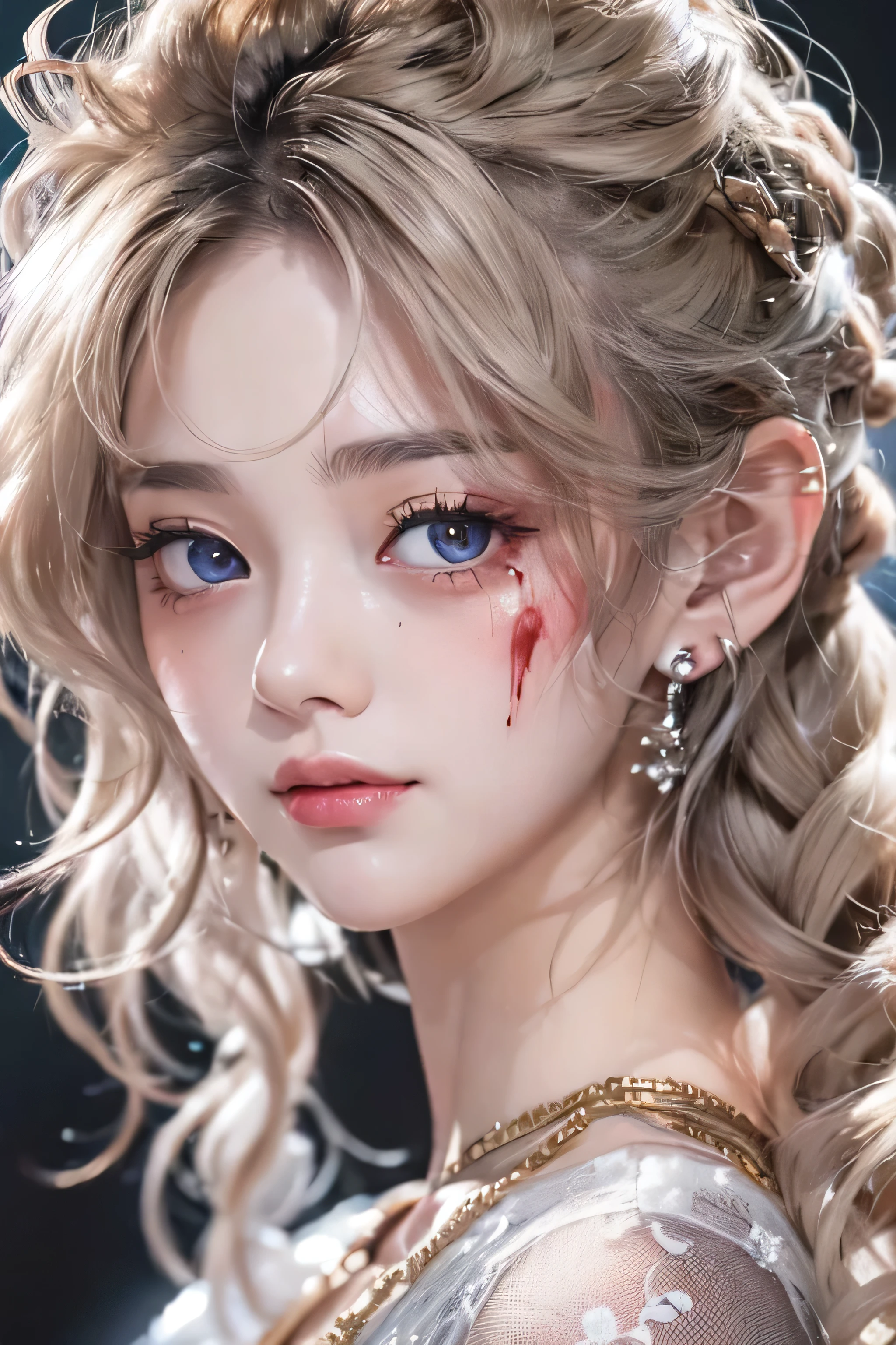 (on one screen:2)、(Bleeding from part of the face:1.5)、highest quality、High resolution、Super detailed、masterpiece、(Live shooting:1.5)、genuine:1.5、photogenuineistic:1.5、very delicate and beautiful、small details、1 female、(25 years old:1.5)、(super beautiful)、(beautiful face:1.5)、(close up of face:1.7)、tears、Textured Natural Skin、(At SFW)