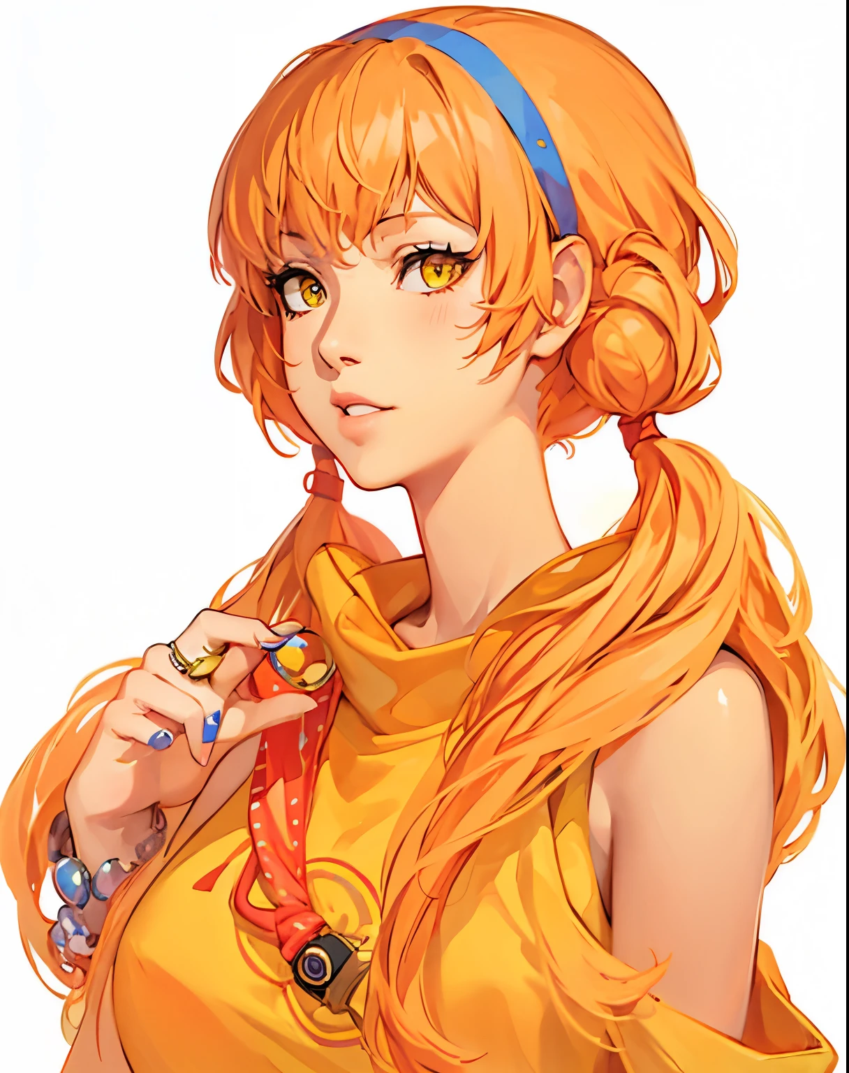 masterpiece, best quality, highres, 1girl, soejima shigenori, yellow eyes, ring, low pigtails, blue headband (persona 5:0.5), 
