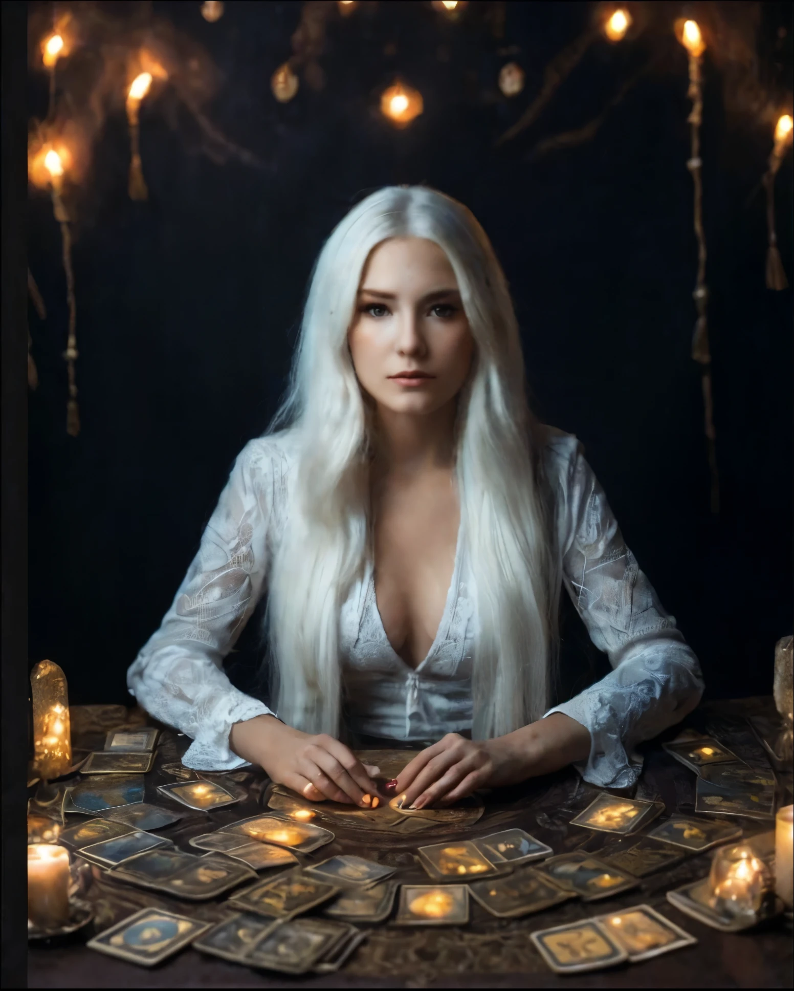 beautiful woman with long blonde hair as a mystic,sitting at her velvet table holding tarot cards,beautiful illuminated cards,mystical,beautiful,mysterious