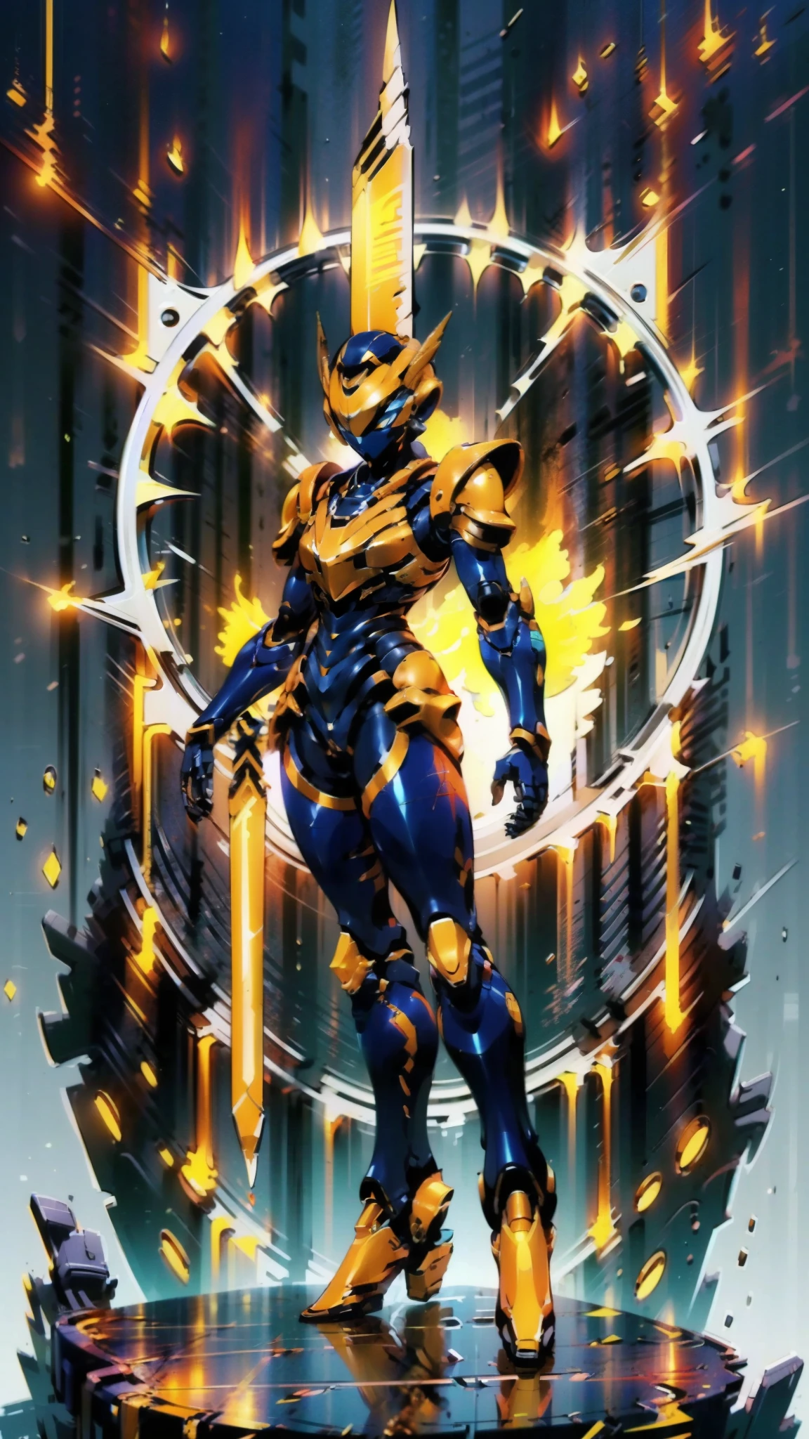 A woman adorned in fantasy-style full-body armor, a crown-concept fully enclosed helmet that unveils only her eyes, a composite layered chest plate, fully encompassing shoulder and hand guards, a lightweight waist armor, form-fitting shin guards, the overall design is heavy-duty yet flexible, ((the armor gleams with a golden glow, complemented by red and blue accents)), exhibiting a noble aura, she floats above a fantasy-surreal high-tech city, this character embodies a finely crafted fantasy-surreal style armored hero in anime style, exquisite and mature manga art style, (Queen bee mixed with Spider concept Armor, plasma, blood), ((Element, energy, elegant, goddess, femminine:1.5)), metallic, high definition, best quality, highres, ultra-detailed, ultra-fine painting, extremely delicate, professional, anatomically correct, symmetrical face, extremely detailed eyes and face, high quality eyes, creativity, RAW photo, UHD, 32k, Natural light, cinematic lighting, masterpiece-anatomy-perfect, masterpiece:1.5
