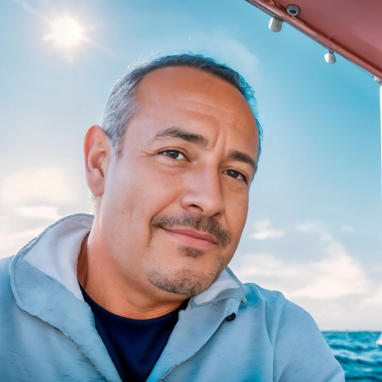 there is a man that is sitting on a boat in the water, man in his 40s, portait photo, photo portrait, high quality portrait, photo of a man, close up portrait photo, detailed portrait shot, 8k selfie photograph, color portrait, middle aged man, selfie of a man, he's on an old sailing boat