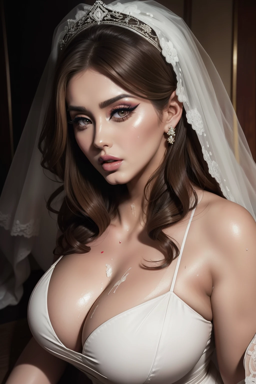 Lucy Pinder, (Adele),((VERY INTENSE MAKEUP)), bright lipstick, voluptuous, neckline, dressed a bride, ((mouth wide open)), ((sweating)), ((orgasm)), asian woman, ((turned eyes))