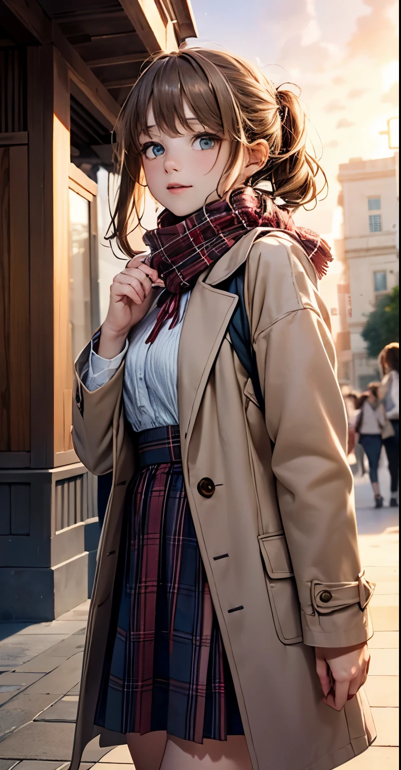 (masterpiece),(highest quality:1.2),1 girl,(Masseter muscle part:1.3),exquisite details, highest qualityの 8K 解像度, Super detailed, realistic, bright colors, soft tones, With warm and gentle lighting,(beautiful plaid scarf:1.3),(pink ruffle ribbon pleated dress,) (Brown long coat:1.2) evening,big sunset,(smooth straight, brown haired:1.2),(parted hair in the middle:1.3),(shining hair),(amber eyes:1.3),white skin, Valletta,An overflowing soft and gentle feeling,(The promenade is full of flowers),The sun's rays illuminate joy and pure love, warm golden glow,The atmosphere is full of happiness and laughter, that&#39;something that celebrates love,超細密描写とbright colors彩へのこだわり. A style that combines romanticism and realism、I feel the depth of love,color palette,Create a dream-like space, fantastic atmosphere,Lighting is soft and diffuse, Shine a gentle light on your face,作品はmasterpieceです,