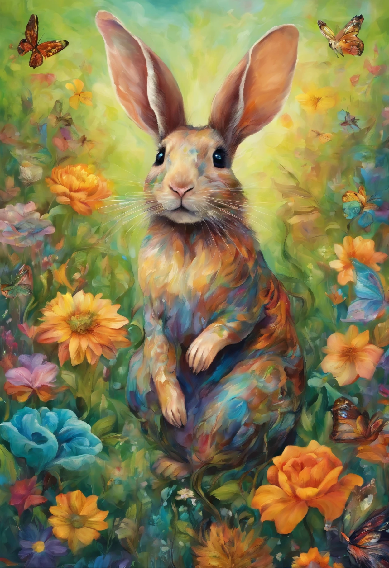 Kreiere ein Tier aus Esel, Maus und hase in stehender Position von vorne, in den Farben blau, grau, brown with bright green eyes, Background as a sea of flowers