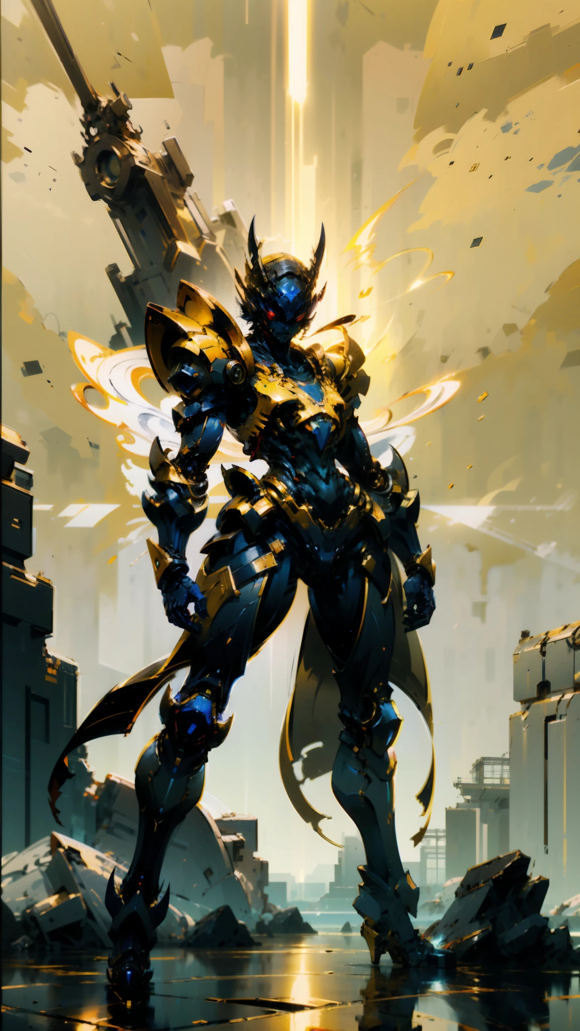 A woman adorned in fantasy-style full-body armor, a crown-concept fully enclosed helmet that unveils only her eyes, a composite layered chest plate, fully encompassing shoulder and hand guards, a lightweight waist armor, form-fitting shin guards, the overall design is heavy-duty yet flexible, ((the armor gleams with a golden glow, complemented by red and blue accents)), exhibiting a noble aura, she floats above a fantasy-surreal high-tech city, this character embodies a finely crafted fantasy-surreal style armored hero in anime style, exquisite and mature manga art style, (Queen bee mixed with Spider concept Armor, plasma, blood), ((Element, energy, elegant, goddess, femminine:1.5)), metallic, high definition, best quality, highres, ultra-detailed, ultra-fine painting, extremely delicate, professional, anatomically correct, symmetrical face, extremely detailed eyes and face, high quality eyes, creativity, RAW photo, UHD, 32k, Natural light, cinematic lighting, masterpiece-anatomy-perfect, masterpiece:1.5