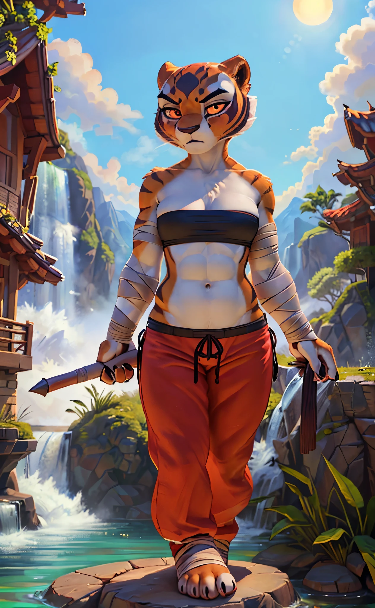 [Master Tigress], [Kung Fu Panda], [By Pixelsketcher], ((masterpiece)), ((HD)), ((high res)), ((solo portrait)), ((full body)), ((front view)), ((feet visible)), ((furry)), ((beautiful render art)), ((soft shading)), {tigress; (slim figure), (cute eyes), (detailed red iris), (curvy hips), (defined abs), (detailed muscles), (beautiful legs), (beautiful feet), (frown), (annoyed expression)}, {(wrapped in bandages), (bandage bandeau), (cleavage), (navel), (red kung fu pants)}, {(standing), (intimidating glare), (looking at viewer)}, [Background; (mountains), (waterfall), (steam), (fog), (blue sky), (sun rays), (ambient lighting)]