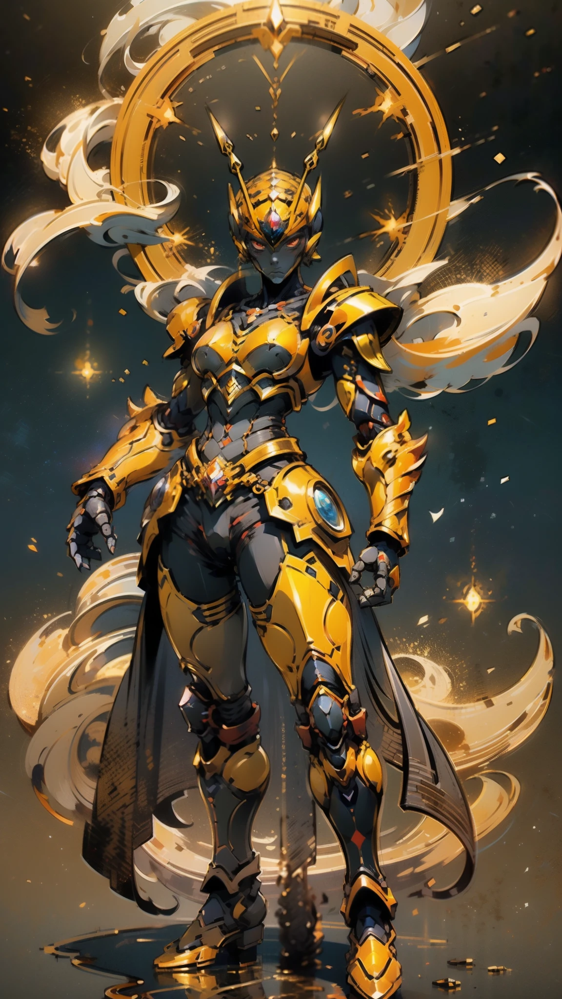 A woman adorned in fantasy-style full-body armor, a crown-concept fully enclosed helmet that unveils only her eyes, a composite layered chest plate, fully encompassing shoulder and hand guards, a lightweight waist armor, form-fitting shin guards, the overall design is heavy-duty yet flexible, ((the armor gleams with a golden glow, complemented by red and blue accents)), exhibiting a noble aura, she floats above a fantasy-surreal high-tech city, this character embodies a finely crafted fantasy-surreal style armored hero in anime style, exquisite and mature manga art style, (Queen bee mixed with Spider concept Armor, plasma, blood), ((Element, energy, elegant, goddess, femminine:1.5)), metallic, high definition, best quality, highres, ultra-detailed, ultra-fine painting, extremely delicate, professional, anatomically correct, symmetrical face, extremely detailed eyes and face, high quality eyes, creativity, RAW photo, UHD, 32k, Natural light, cinematic lighting, masterpiece-anatomy-perfect, masterpiece:1.5