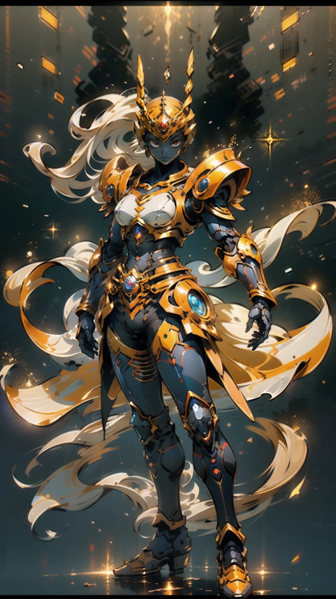 A woman adorned in fantasy-style full-body armor, a crown-concept fully enclosed helmet that unveils only her eyes, a composite layered chest plate, fully encompassing shoulder and hand guards, a lightweight waist armor, form-fitting shin guards, the overall design is heavy-duty yet flexible, ((the armor gleams with a golden glow, complemented by red and blue accents)), exhibiting a noble aura, she floats above a fantasy-surreal high-tech city, this character embodies a finely crafted fantasy-surreal style armored hero in anime style, exquisite and mature manga art style, (Queen bee mixed with Spider concept Armor, plasma, blood), ((Element, energy, elegant, goddess, femminine:1.5)), metallic, high definition, best quality, highres, ultra-detailed, ultra-fine painting, extremely delicate, professional, anatomically correct, symmetrical face, extremely detailed eyes and face, high quality eyes, creativity, RAW photo, UHD, 32k, Natural light, cinematic lighting, masterpiece-anatomy-perfect, masterpiece:1.5