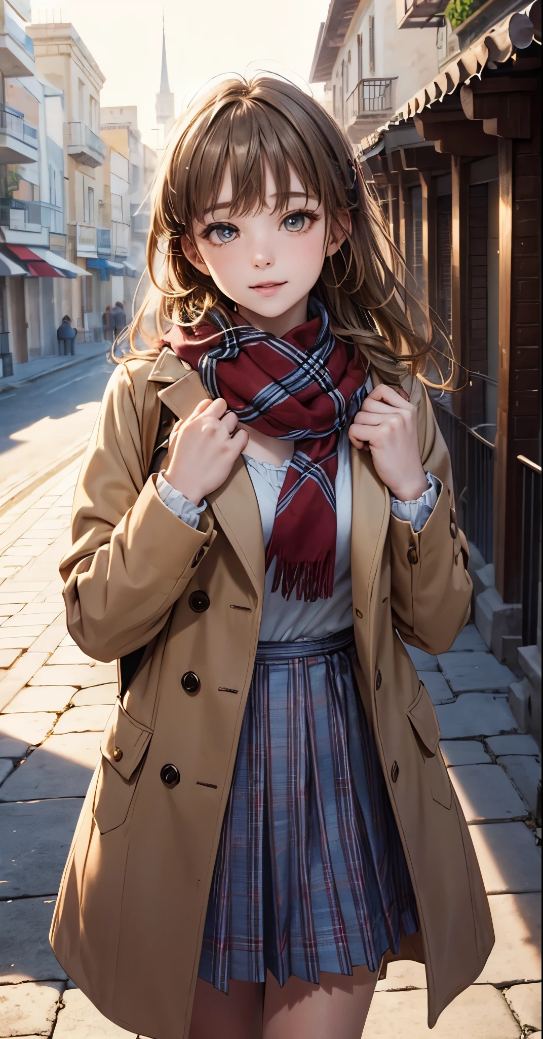 (masterpiece),(highest quality:1.2),1 girl,(Masseter muscle part:1.3),exquisite details, highest qualityの 8K 解像度, Super detailed, realistic, bright colors, soft tones, With warm and gentle lighting,(beautiful plaid scarf:1.3),(pink ruffle ribbon pleated dress,) (Brown long coat:1.2) evening,big sunset,(smooth straight, brown haired:1.2),(parted hair in the middle:1.3),(shining hair),(amber eyes:1.3),white skin, Valletta,An overflowing soft and gentle feeling,(The promenade is full of flowers),The sun's rays illuminate joy and pure love, warm golden glow,The atmosphere is full of happiness and laughter, that'something that celebrates love,超細密描写とbright colors彩へのこだわり. A style that combines romanticism and realism、I feel the depth of love,color palette,Create a dream-like space, fantastic atmosphere,Lighting is soft and diffuse, Shine a gentle light on your face,作品はmasterpieceです,