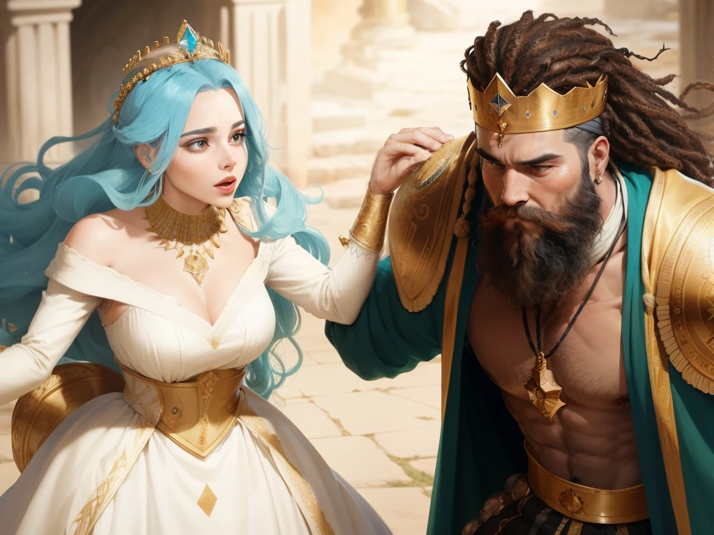 There is a woman with a crown on her head. There is a man with a beard with a crown on his head. Man and woman are fighting. In the background there is a king with a beard standing. biblical costumes. Biblical setting. biblical style. comic book style.